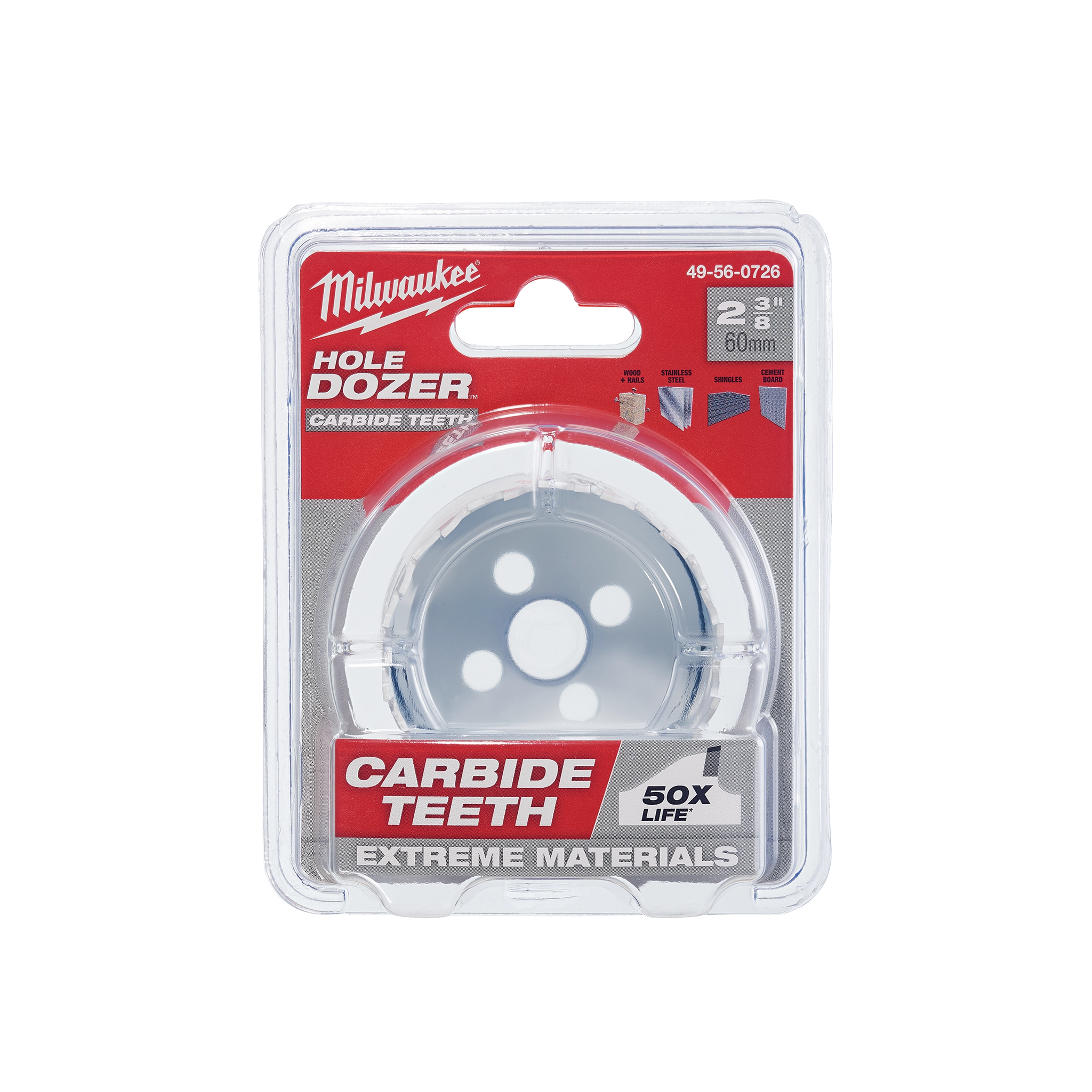 Milwaukee Hole Dozer carbide teeth hole saw in packaging, 2 3/8 inch (60mm) size, durable for extreme materials with 50x life.