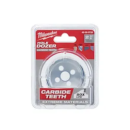 Milwaukee Hole Dozer carbide teeth hole saw in packaging, 2 3/8 inch (60mm) size, durable for extreme materials with 50x life.