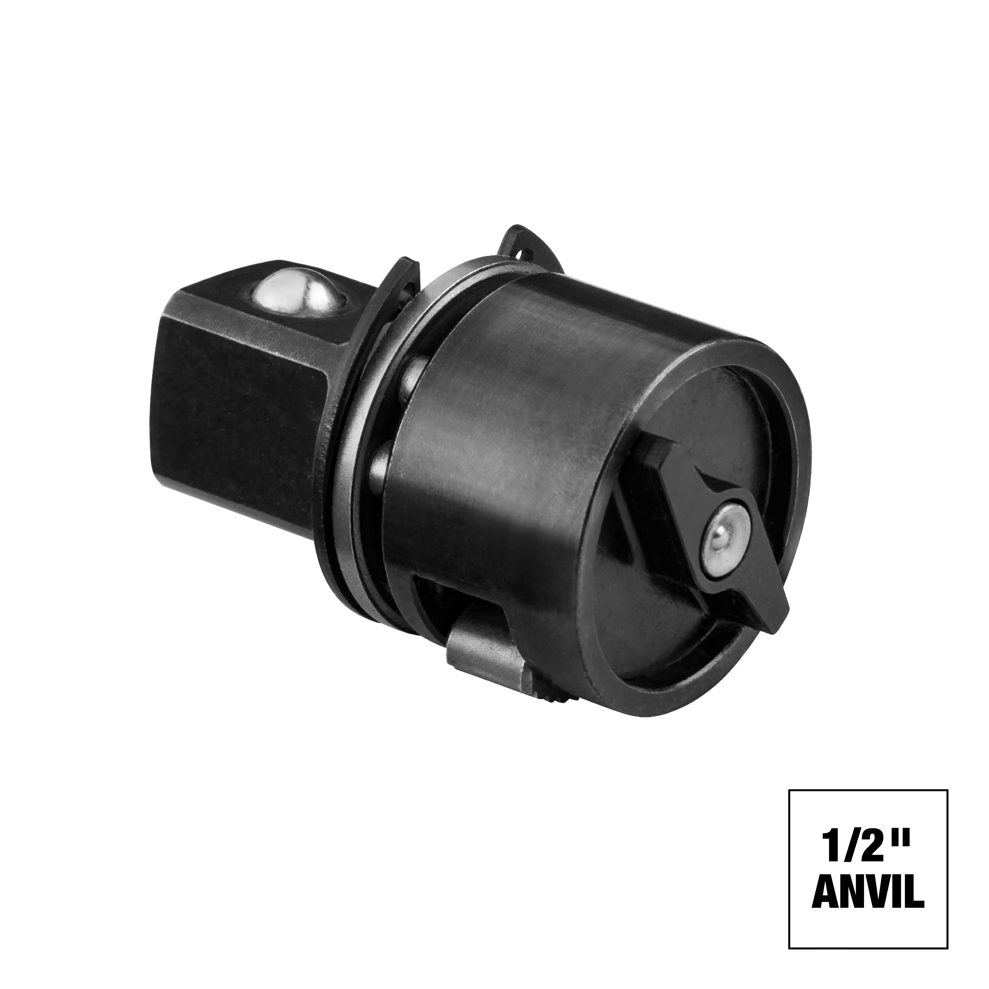 Milwaukee M18 FUEL 1/2" anvil displays a robust metal construction. It features a square drive for socket attachments, with a detent pin for secure connections. A small square in the corner indicates the 1/2" size. Ideal for heavy-duty tools and mechanical applications.