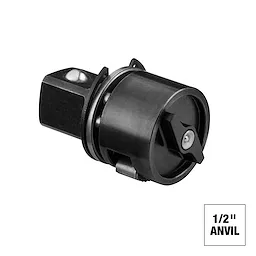 Milwaukee M18 FUEL 1/2" anvil displays a robust metal construction. It features a square drive for socket attachments, with a detent pin for secure connections. A small square in the corner indicates the 1/2" size. Ideal for heavy-duty tools and mechanical applications.