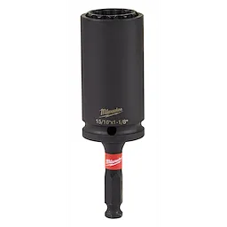 Shockwave Lineman's 12PT 15/16" & 1 1/8" 2-in-1 Socket is a black, multi-functional socket tool with two size options. The manufacturer's name and socket sizes are printed in white and gold on the socket. The base features a red and black attachment section.