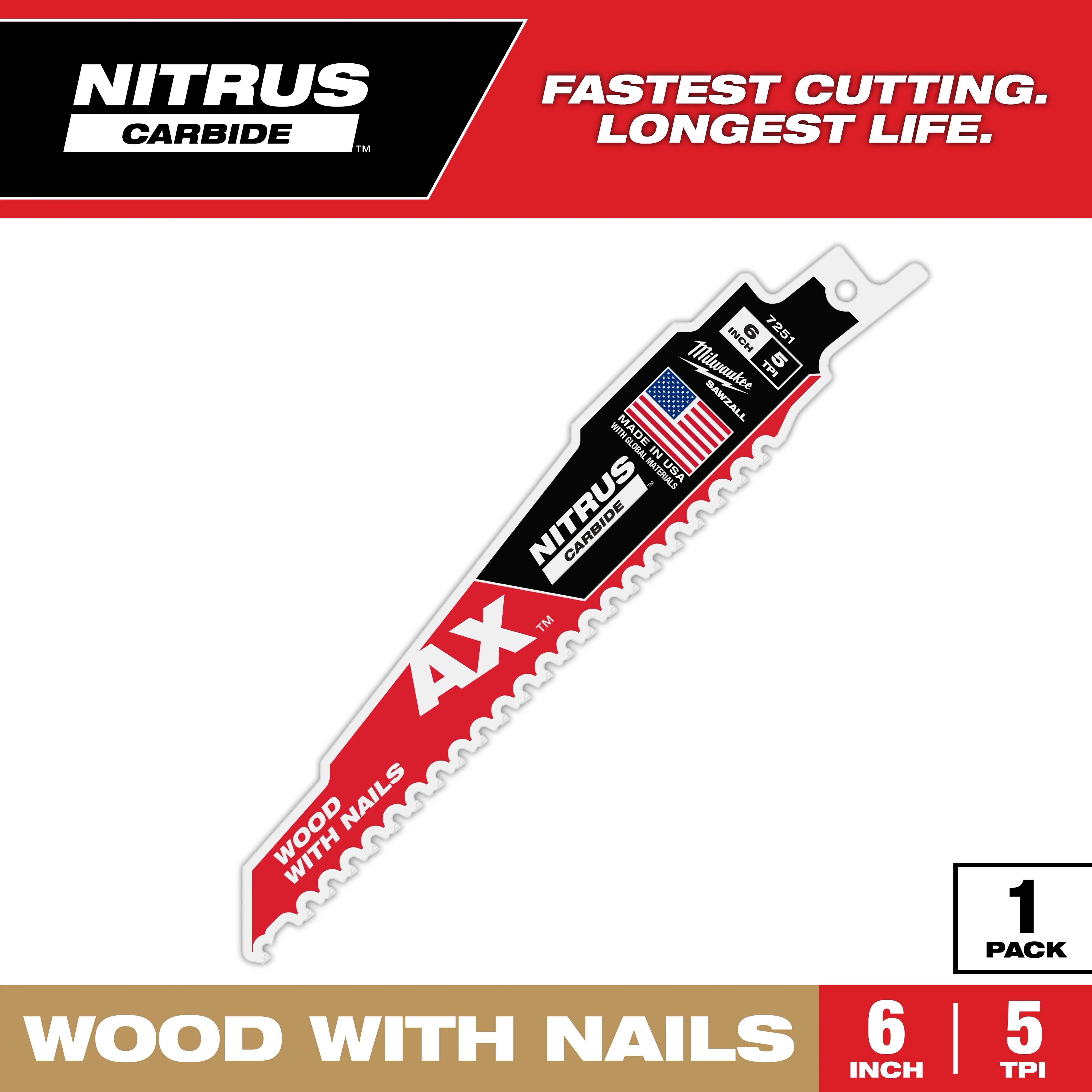 NITRUS Carbide 6-inch, 5 TPI AX w/ NITRUS Carbide Teeth SAWZALL Blade for Wood with Nails, shown with packaging details.