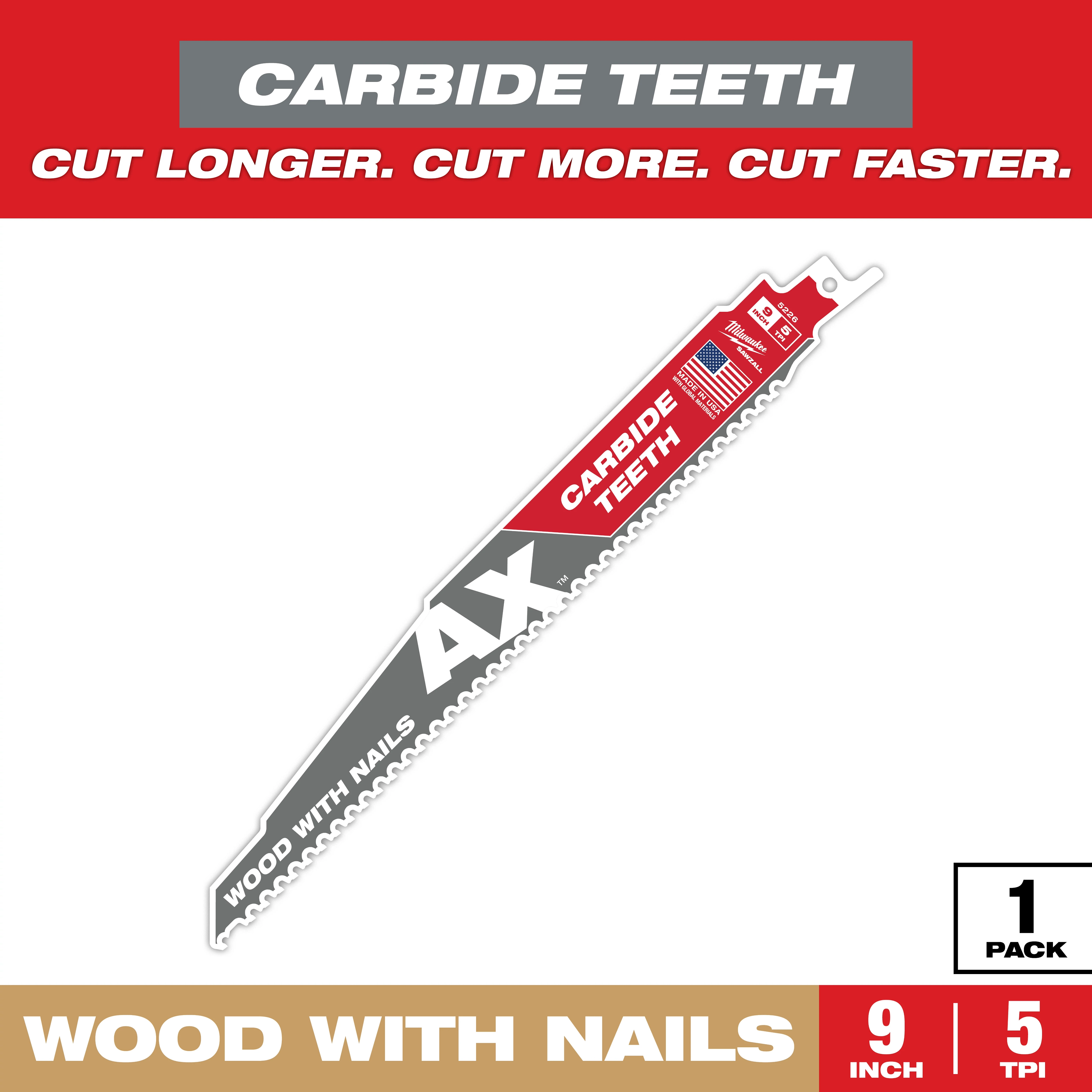 Milwaukee 9-inch AX Carbide Teeth reciprocating saw blade for cutting through wood with nails features 5 TPI (teeth per inch). The blade comes in a single pack and showcases the "CUT LONGER. CUT MORE. CUT FASTER." tagline.