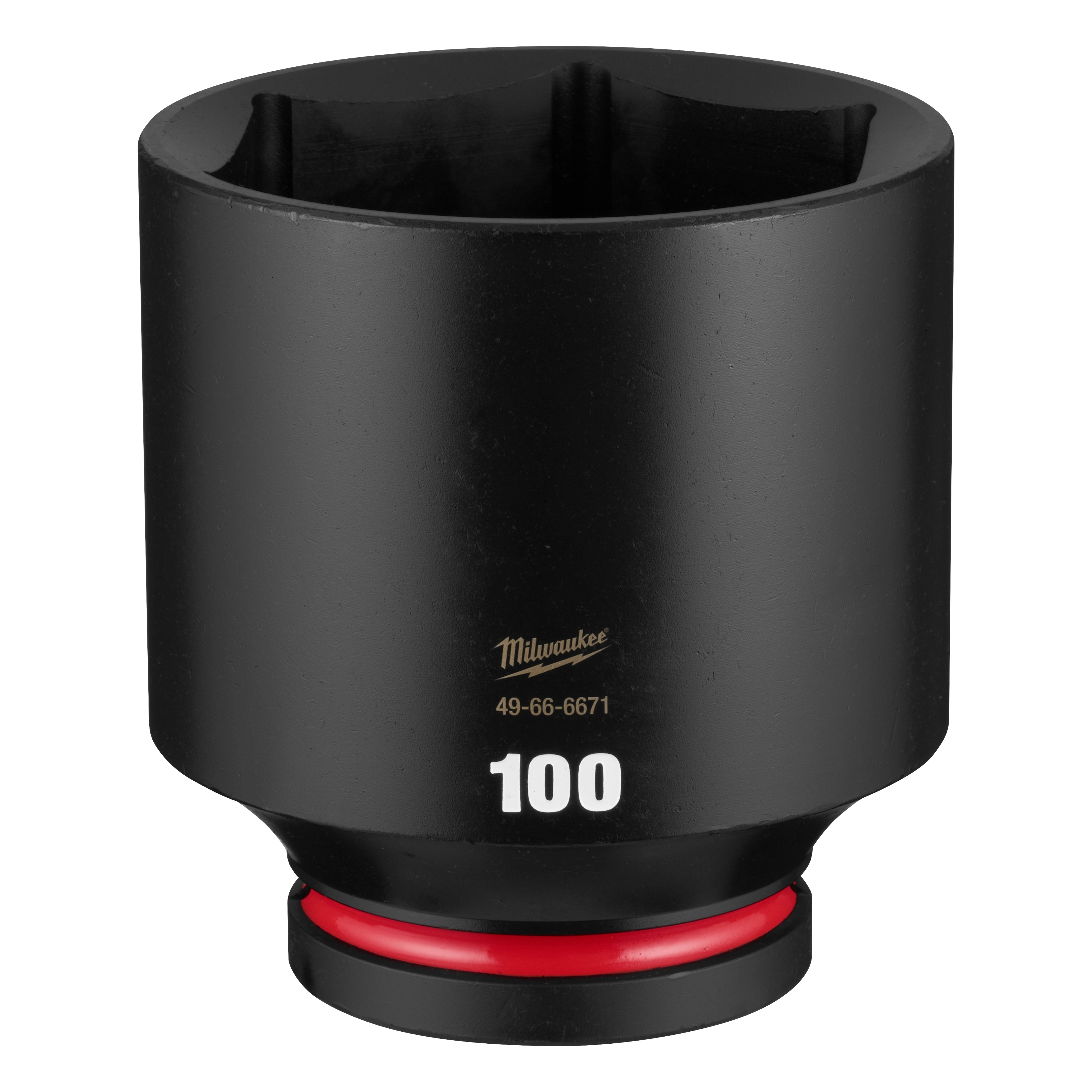 SHOCKWAVE Impact Duty 1" Drive 100mm Deep 6 Point Socket standing upright with 100 marking and red ring near base.
