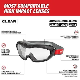 Non-Vented Goggles - Clear Dual Coat Lens featuring non-vented D3/D4/D5 protection, fog-free interior, scratch-resistant exterior, and adjustable straps.