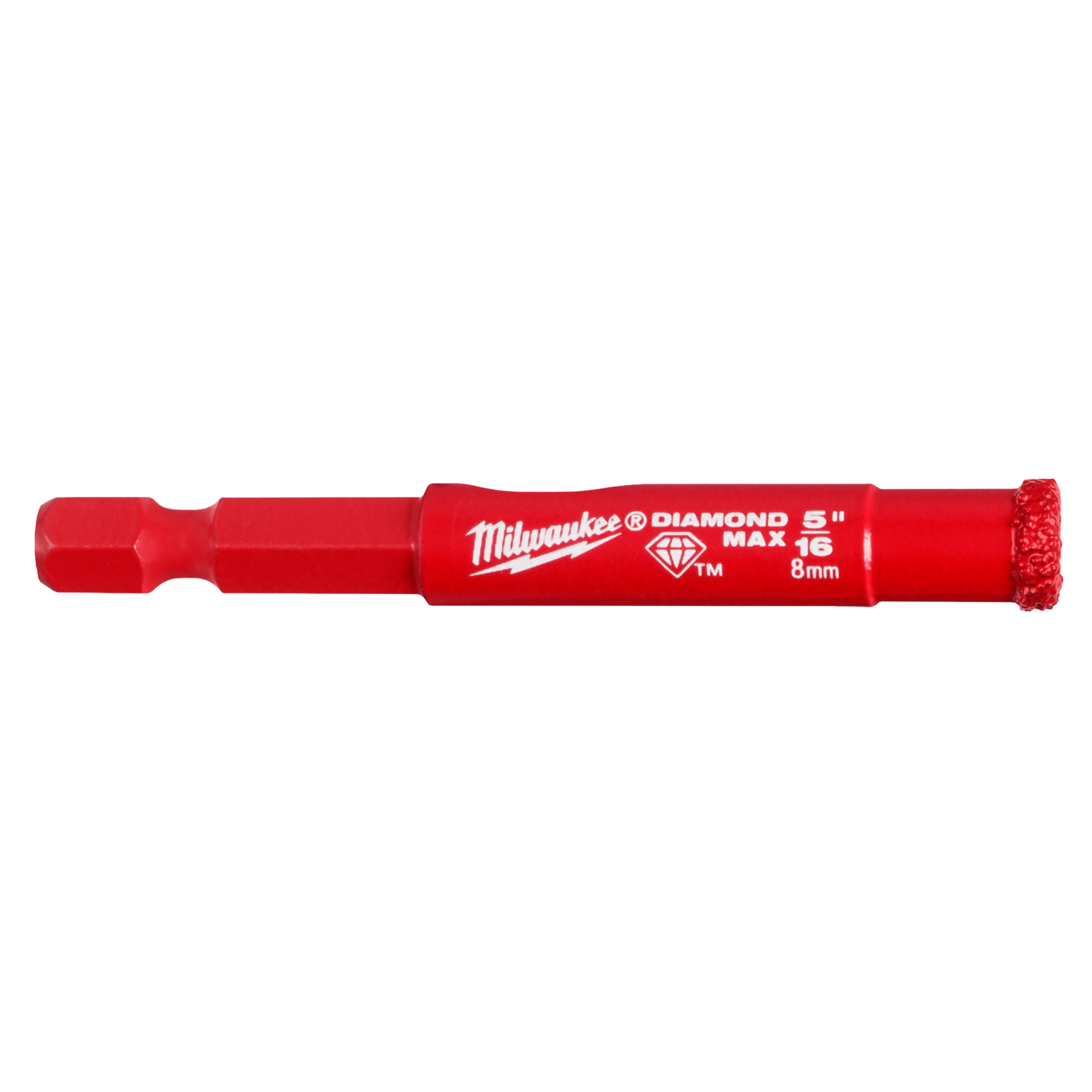 Red 5/16" Diamond Grit Hole Saw with a hex shank and diamond-coated tip, designed for efficient drilling in tough materials.