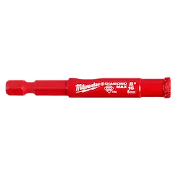 Red 5/16" Diamond Grit Hole Saw with a hex shank and diamond-coated tip, designed for efficient drilling in tough materials.