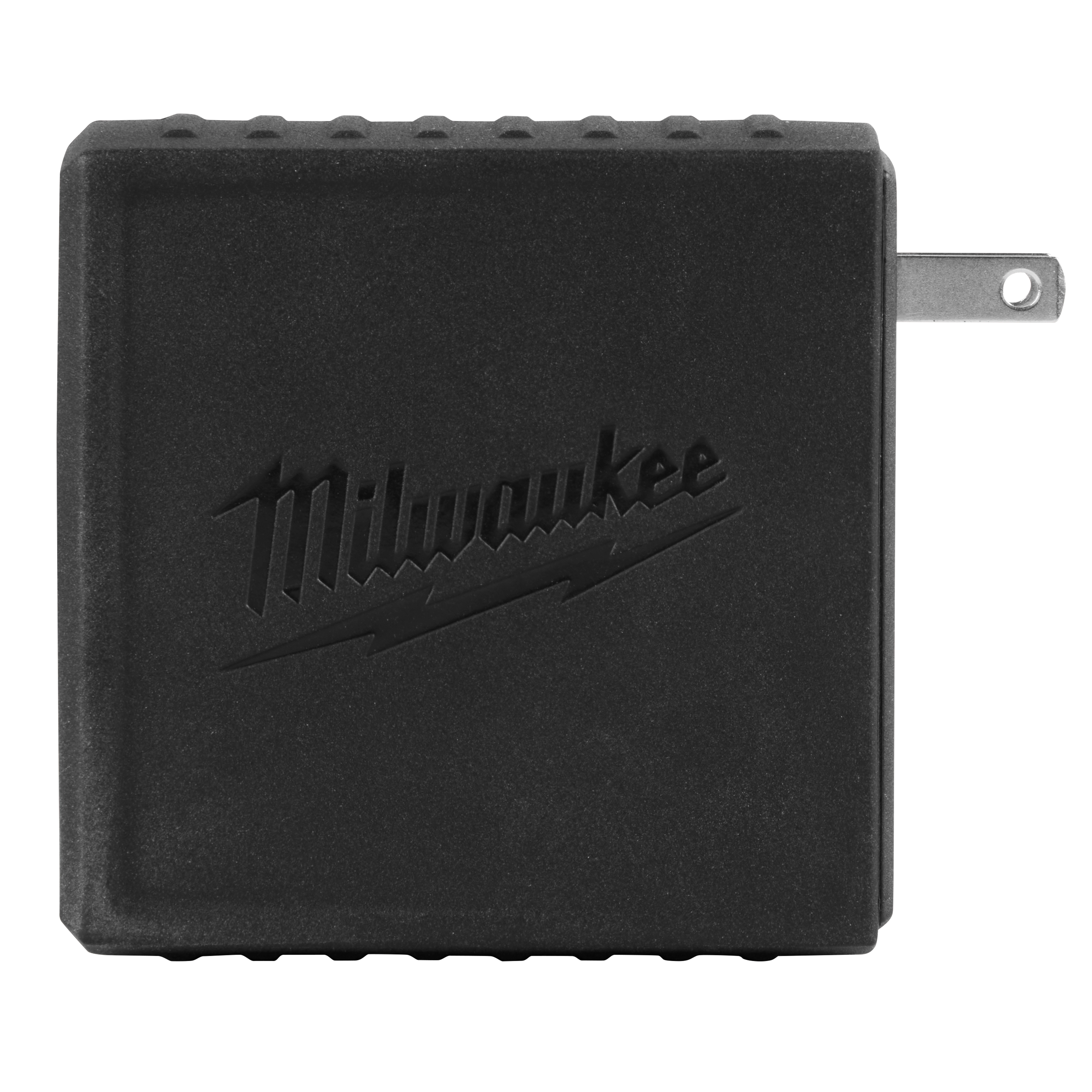 The 120W USB-C Wall Adapter by Milwaukee is a black, square charger. It features two USB-C ports and a foldable plug on the side.