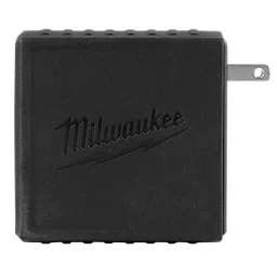 The 120W USB-C Wall Adapter by Milwaukee is a black, square charger. It features two USB-C ports and a foldable plug on the side.