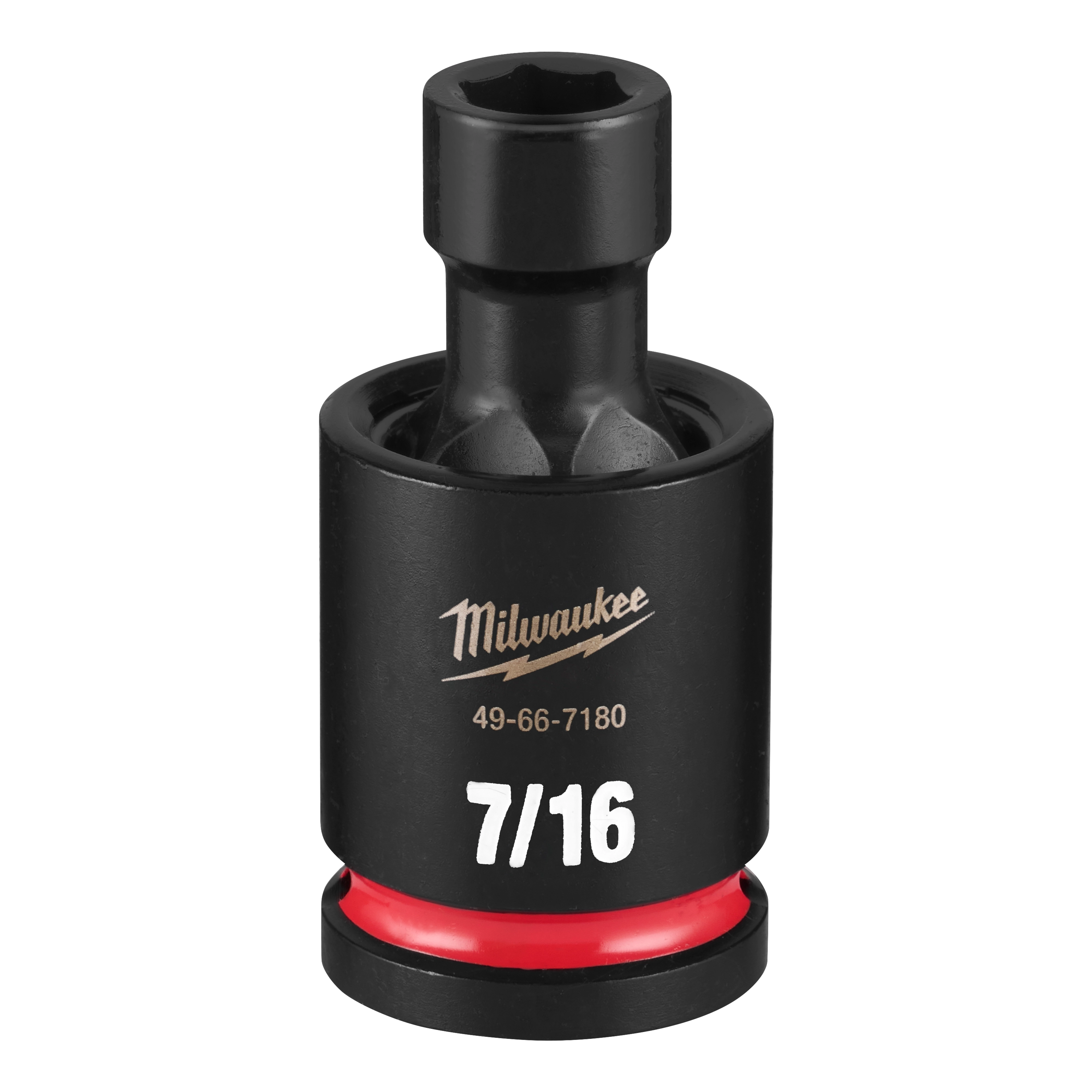 SHOCKWAVE Impact Duty 1/2" Drive 7/16" Standard Swivel Socket standing upright with 7/16 marking and red band near base.
