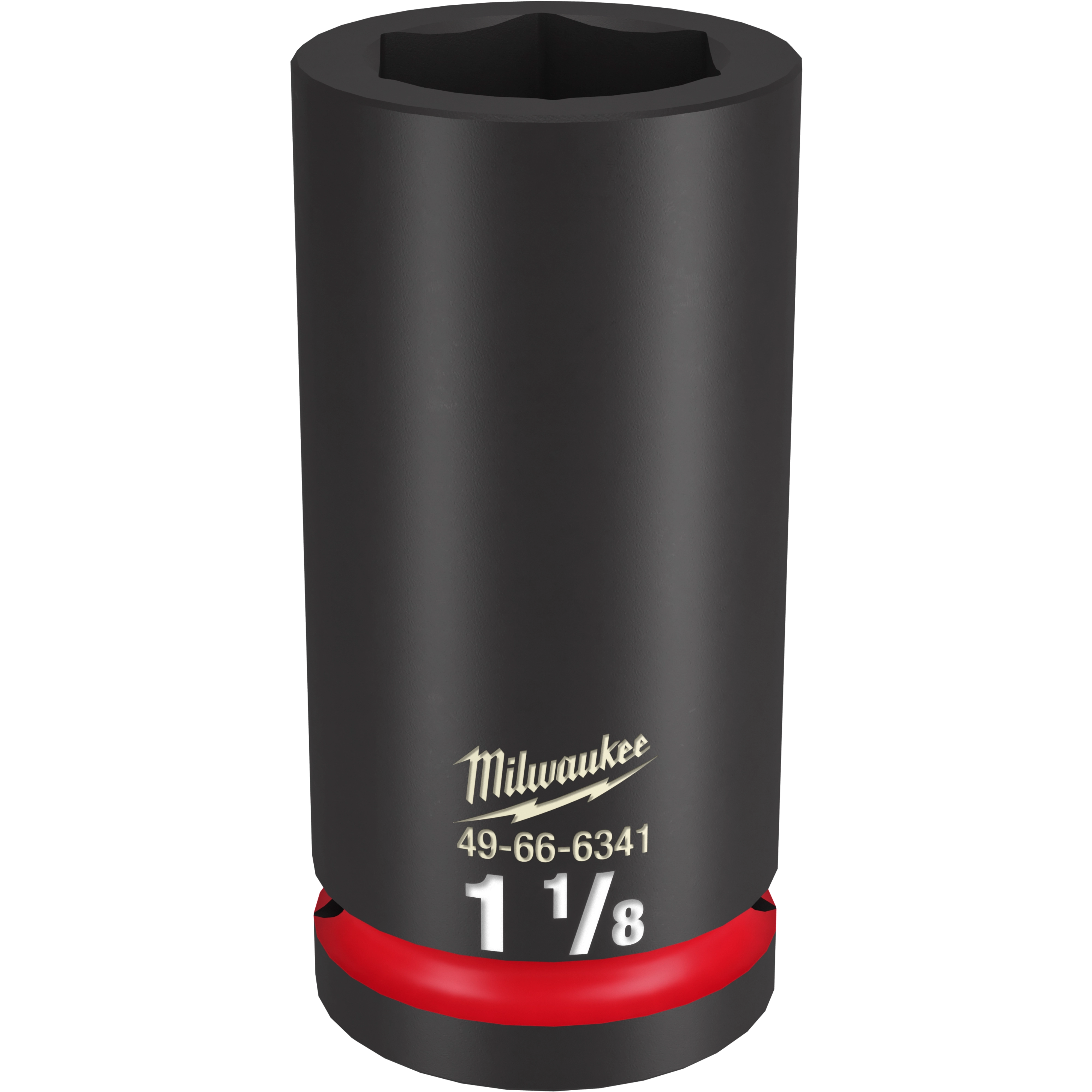 Milwaukee 3/4 DR 1-1/8 Deep Impact Socket is a black, cylindrical tool with a 1-1/8 inch size label at the bottom and Milwaukee branding above. It is designed for heavy-duty impact use.