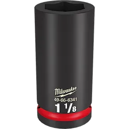 Milwaukee 3/4 DR 1-1/8 Deep Impact Socket is a black, cylindrical tool with a 1-1/8 inch size label at the bottom and Milwaukee branding above. It is designed for heavy-duty impact use.