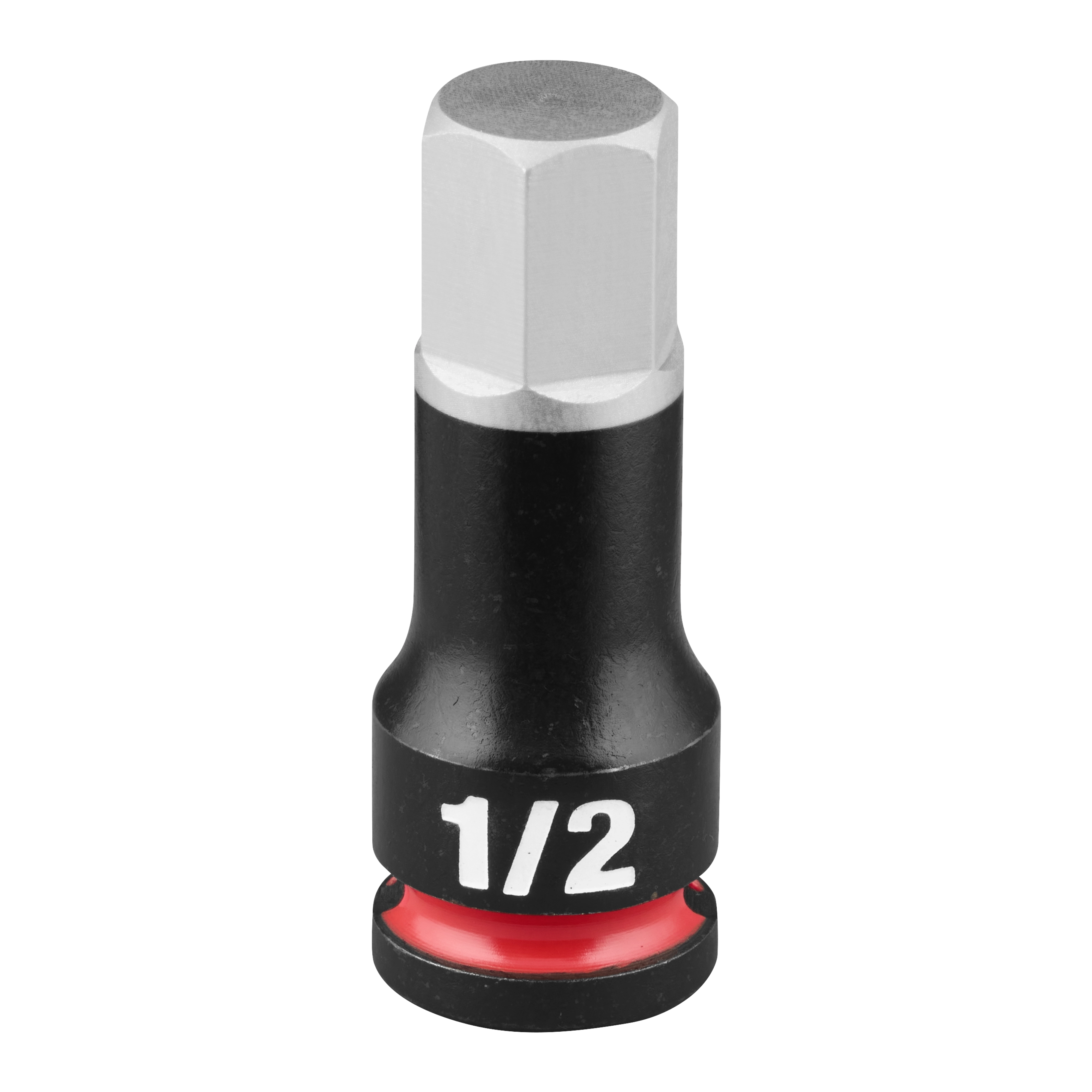 The SHOCKWAVE Impact Duty 3/8" Drive 2" Hex 1/2" Bit Socket is shown, featuring a black exterior with a red ring near the base and the size "1/2" prominently marked in white.