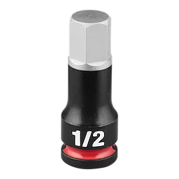The SHOCKWAVE Impact Duty 3/8" Drive 2" Hex 1/2" Bit Socket is shown, featuring a black exterior with a red ring near the base and the size "1/2" prominently marked in white.