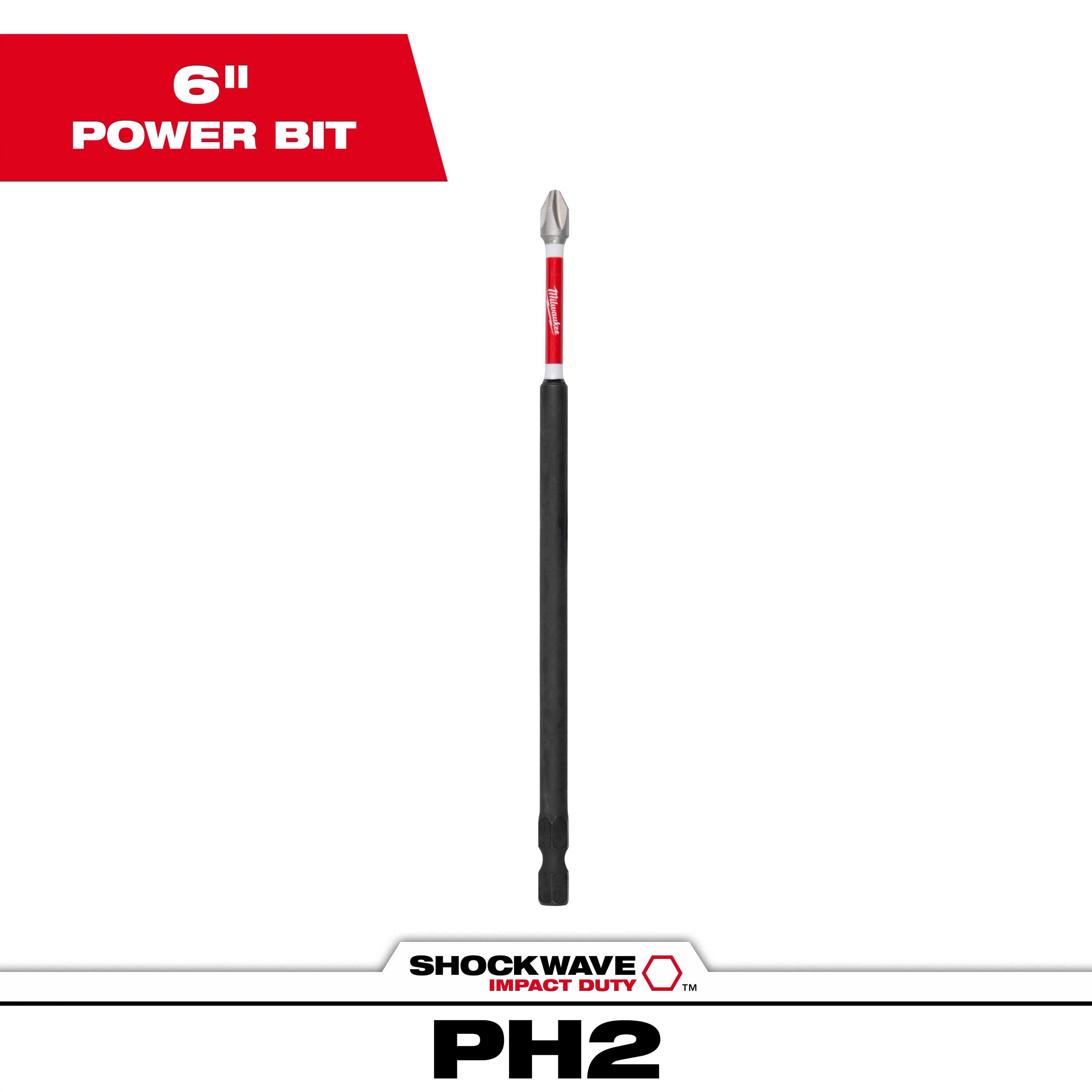 The image displays a SHOCKWAVE™ 6” Impact Duty Phillips #2 Power Bit. The bit is black with a red label and measures 6 inches in length. It is designed for heavy-duty use with impact drivers.