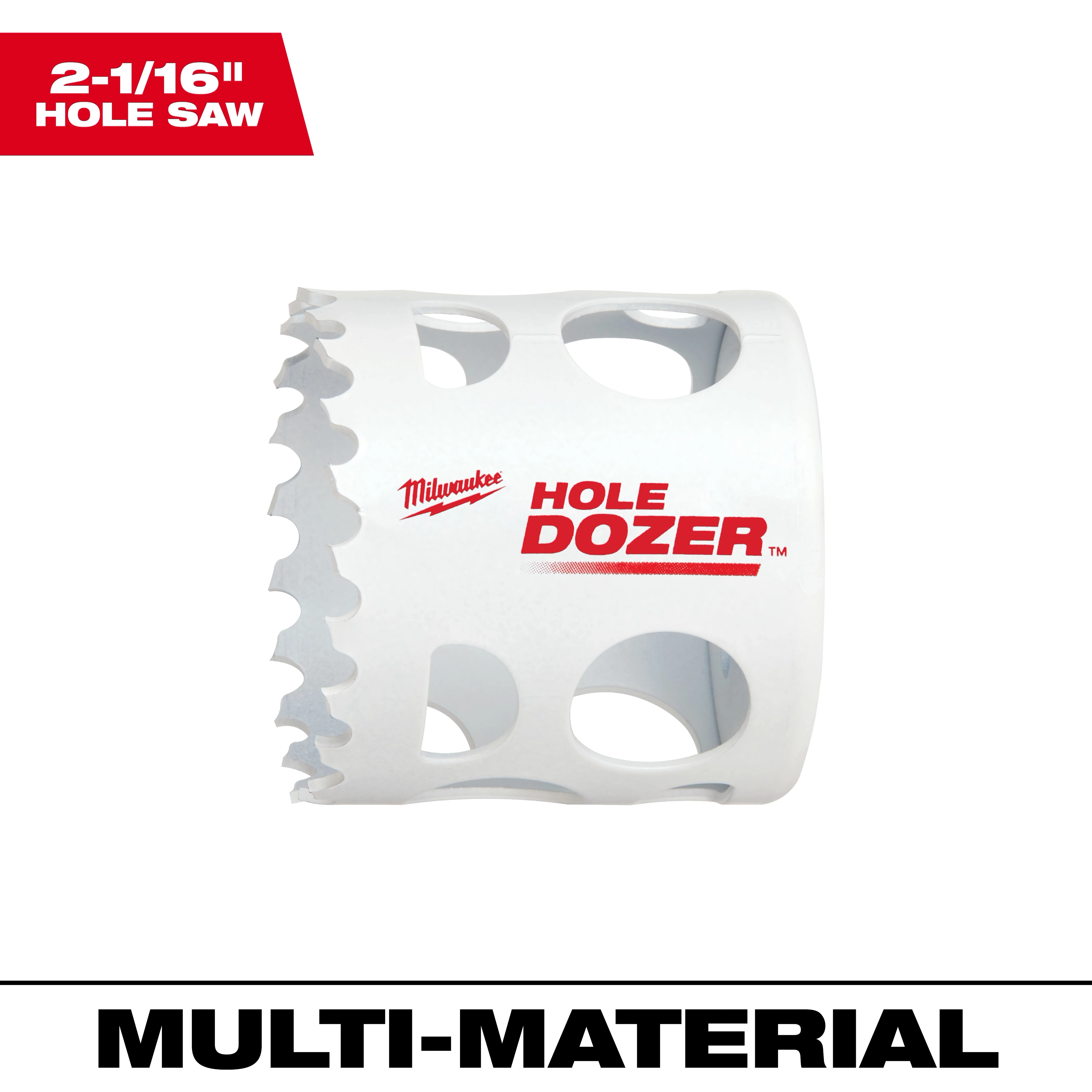 2-1/16" Hole Dozer Bi-Metal Hole Saw with white body, large teeth, and multiple side holes for ventilation. Suitable for multi-material.