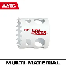 2-1/16" Hole Dozer Bi-Metal Hole Saw with white body, large teeth, and multiple side holes for ventilation. Suitable for multi-material.