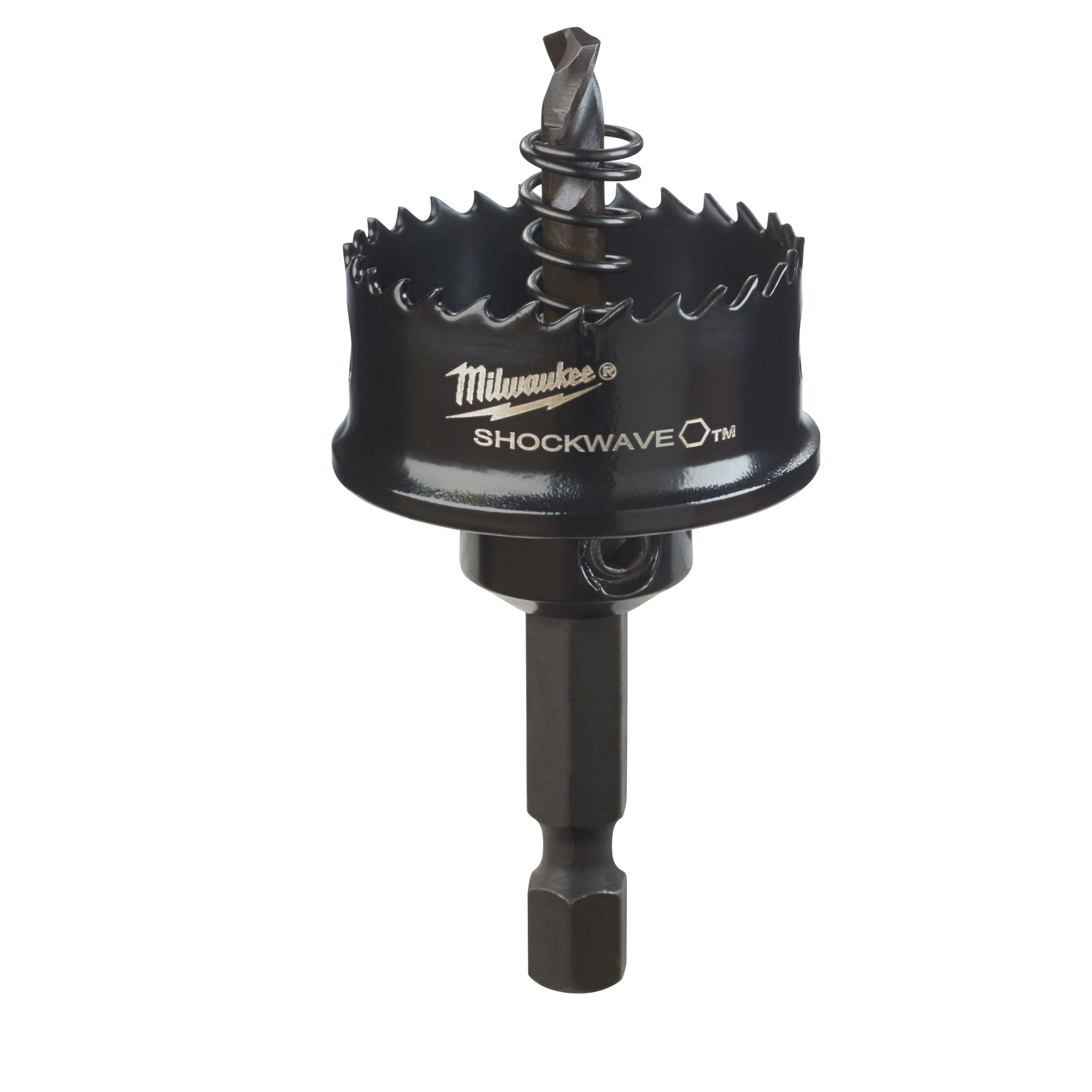 Milwaukee Shockwave hole saw drill bit with serrated edge and hex shank on a plain background.