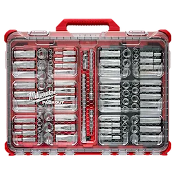 This image shows a 98pc 3/8" 6-Point and 12-Point Metric & SAE Ratchet & Socket Set with PACKOUT™ Low Profile Organizer. The set is neatly arranged in a transparent, red-handled case, suitable for easy transport and storage.