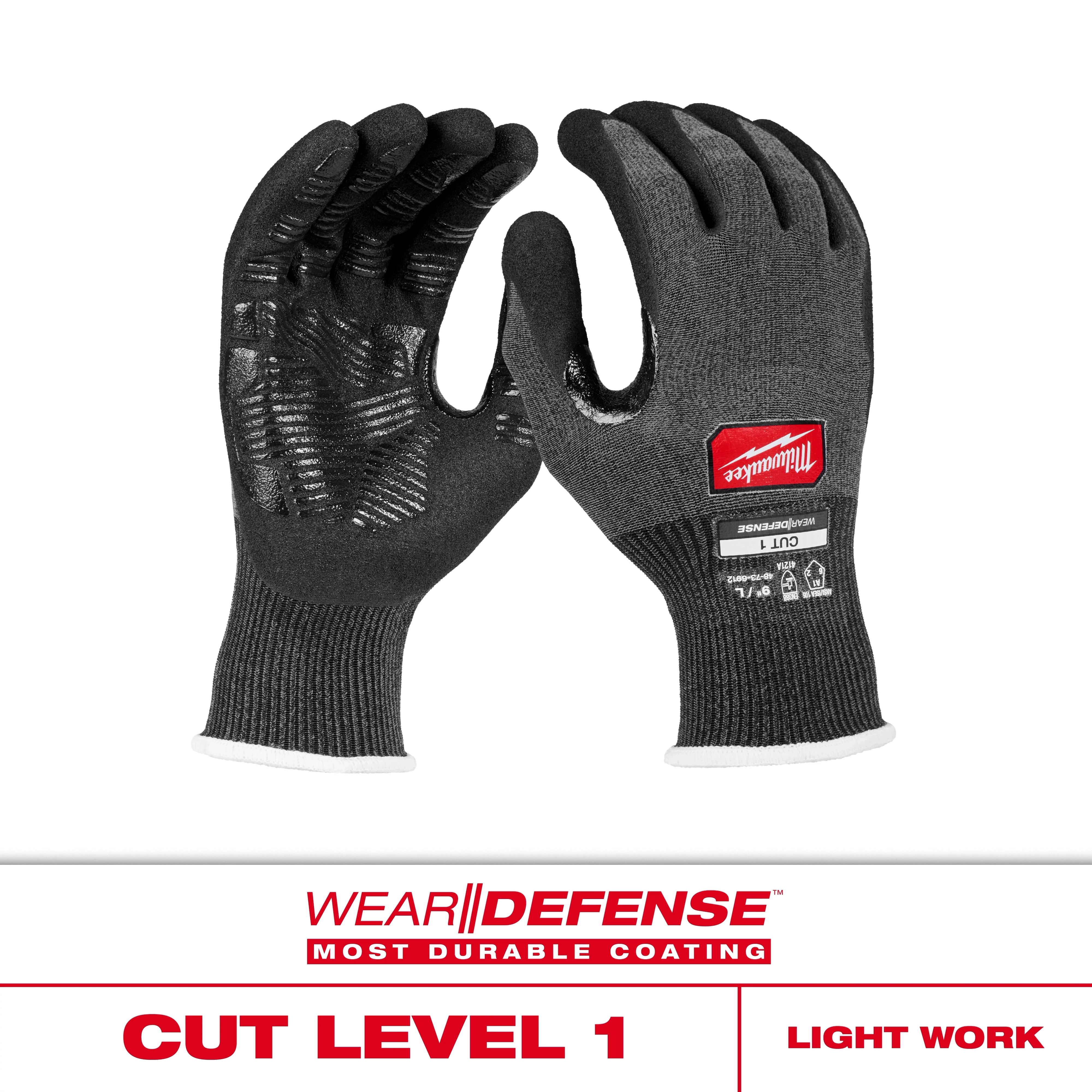 Cut Level 1 Nitrile Dipped Gloves w/ WEAR-DEFENSE Protection displayed upright with palms and backs visible.