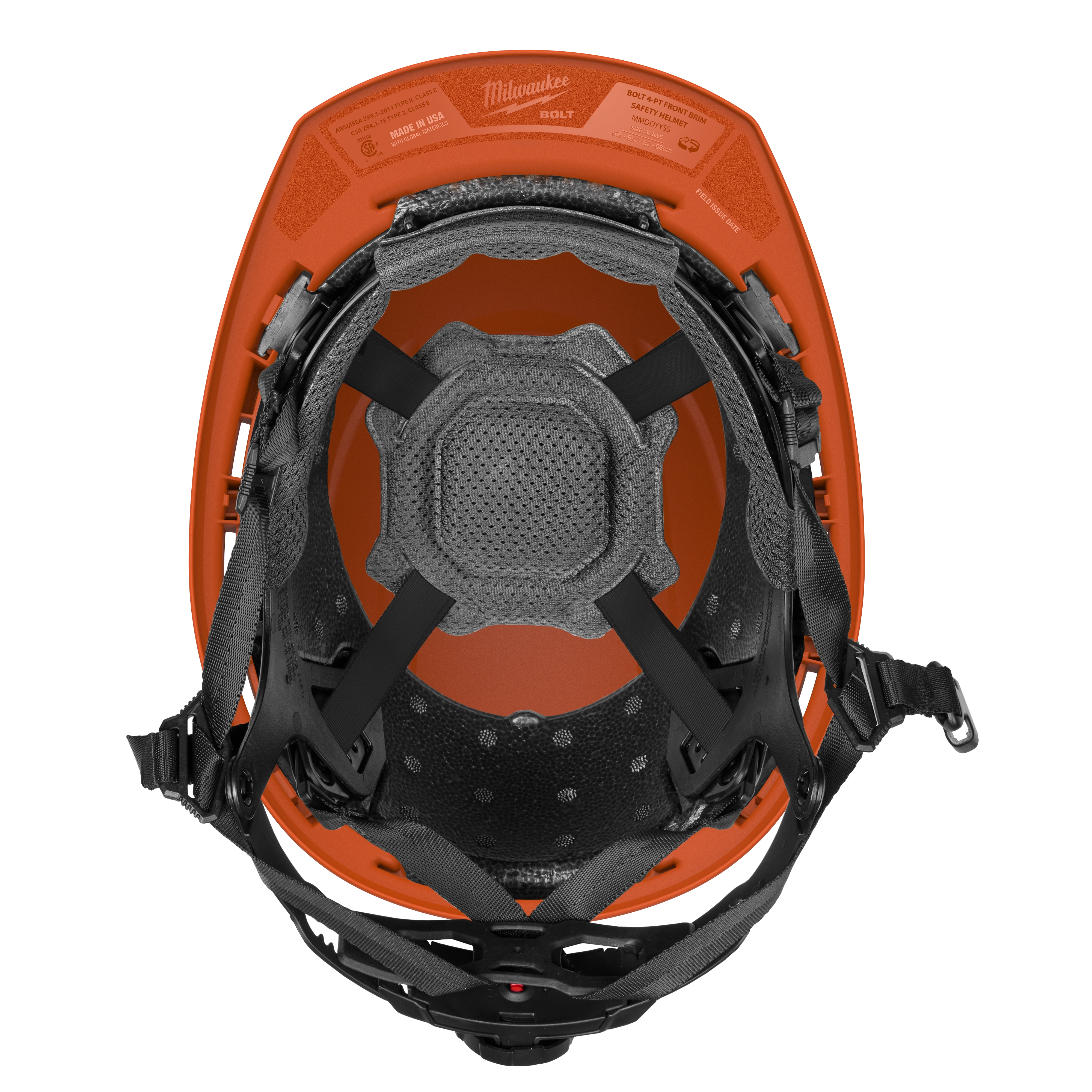 BOLT™ Safety Orange Front Brim Safety Helmet with 4-point Ratcheting Suspension - Type 2, Class E pictured from above showing inner padding and adjustable suspension system.