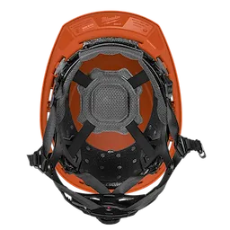 BOLT™ Safety Orange Front Brim Safety Helmet with 4-point Ratcheting Suspension - Type 2, Class E pictured from above showing inner padding and adjustable suspension system.