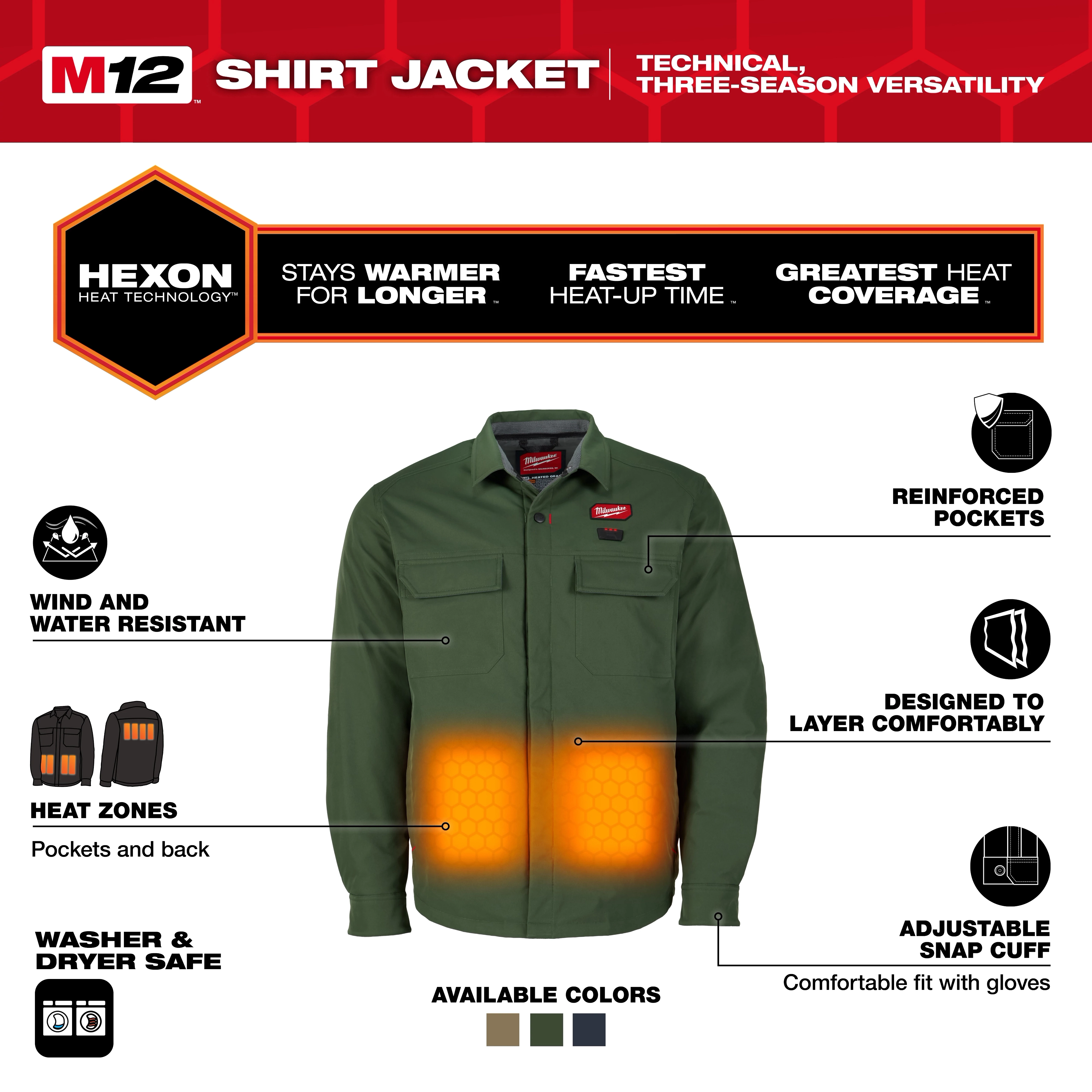 M12 Shirt Jacket - Green S to 3X displayed front-facing with highlighted heat zones and feature icons around it.