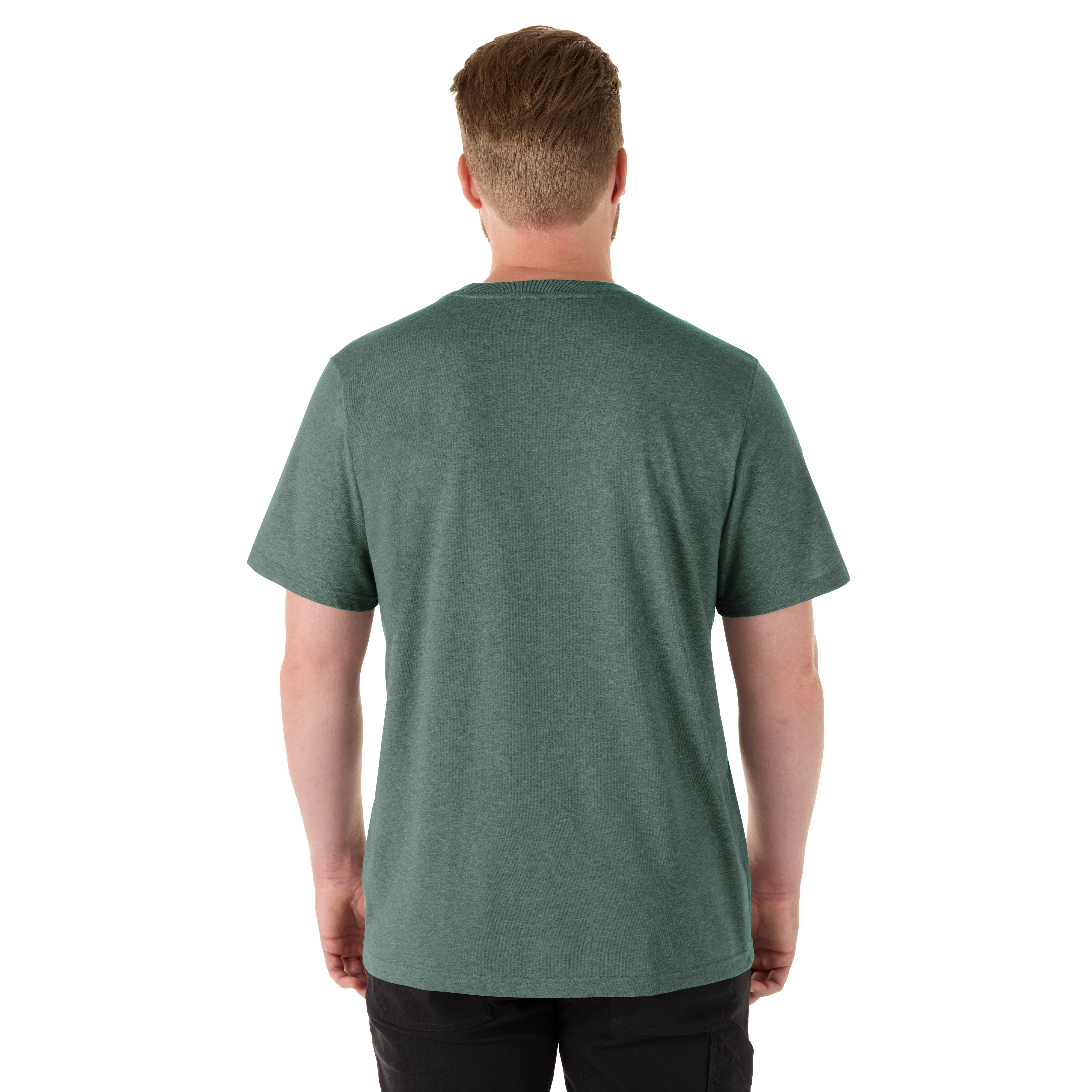 A man is shown from the back wearing a green FREEFLEX Hybrid Work Tee - Short Sleeve. The tee features a straight hem and short sleeves.