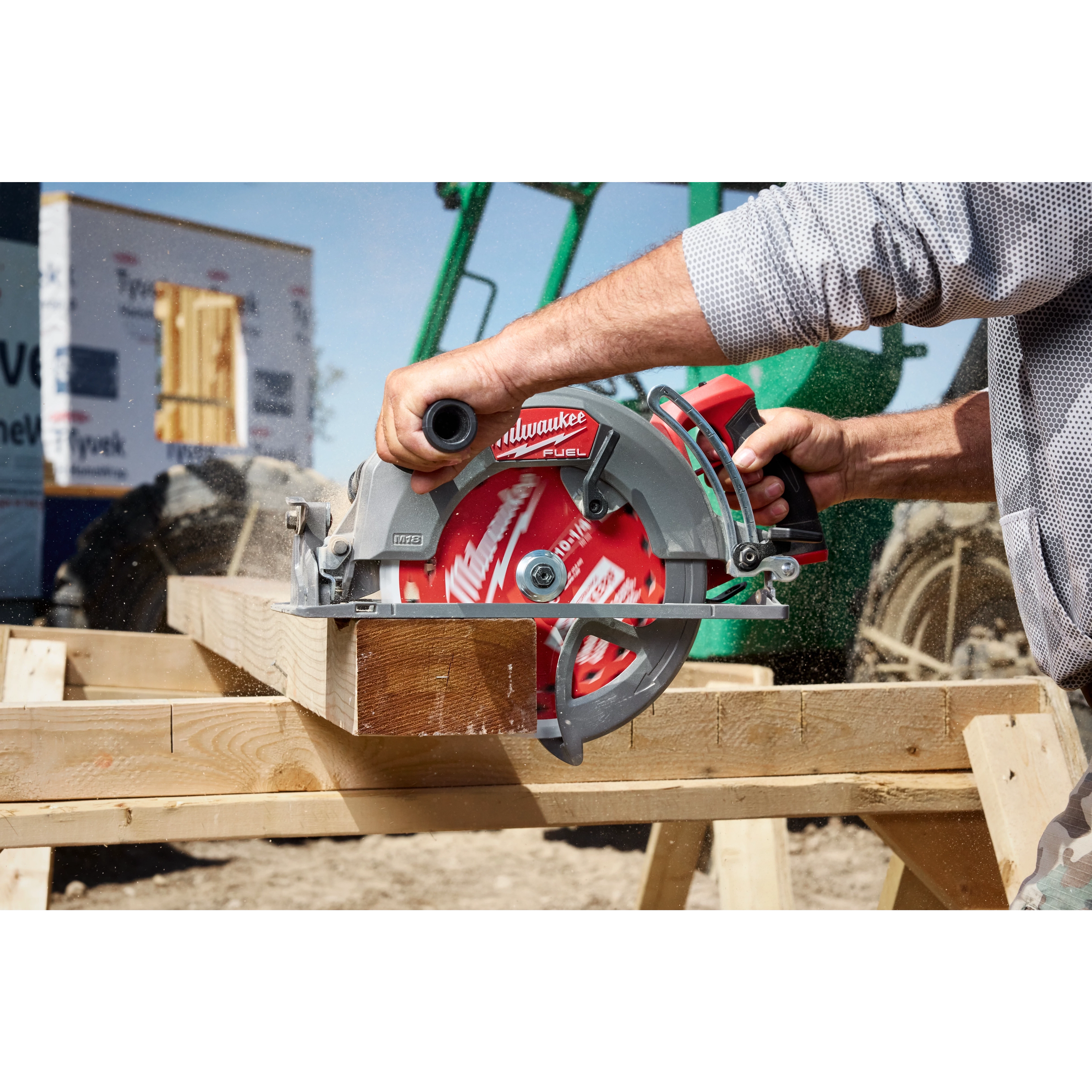 10-1/4" 40T Thick Kerf Finish Circular Saw Blade mounted on a circular saw cutting a wooden beam on a jobsite.