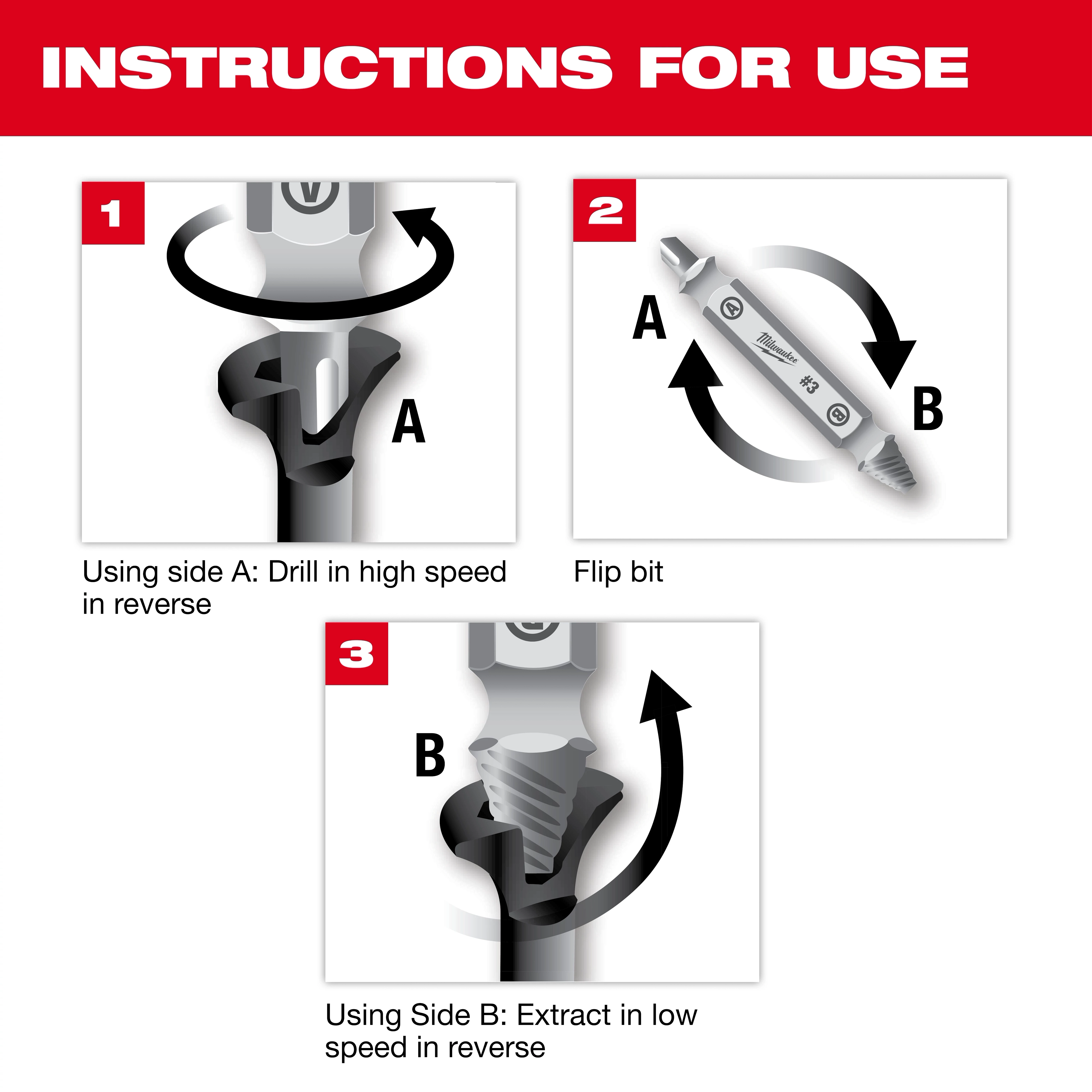The image shows usage instructions for the M2%20Steel%20Screw%20Extractor%20Set%204PC. Step 1: Drill with side A at high speed in reverse. Step 2: Flip the bit. Step 3: Extract with side B at low speed in reverse.