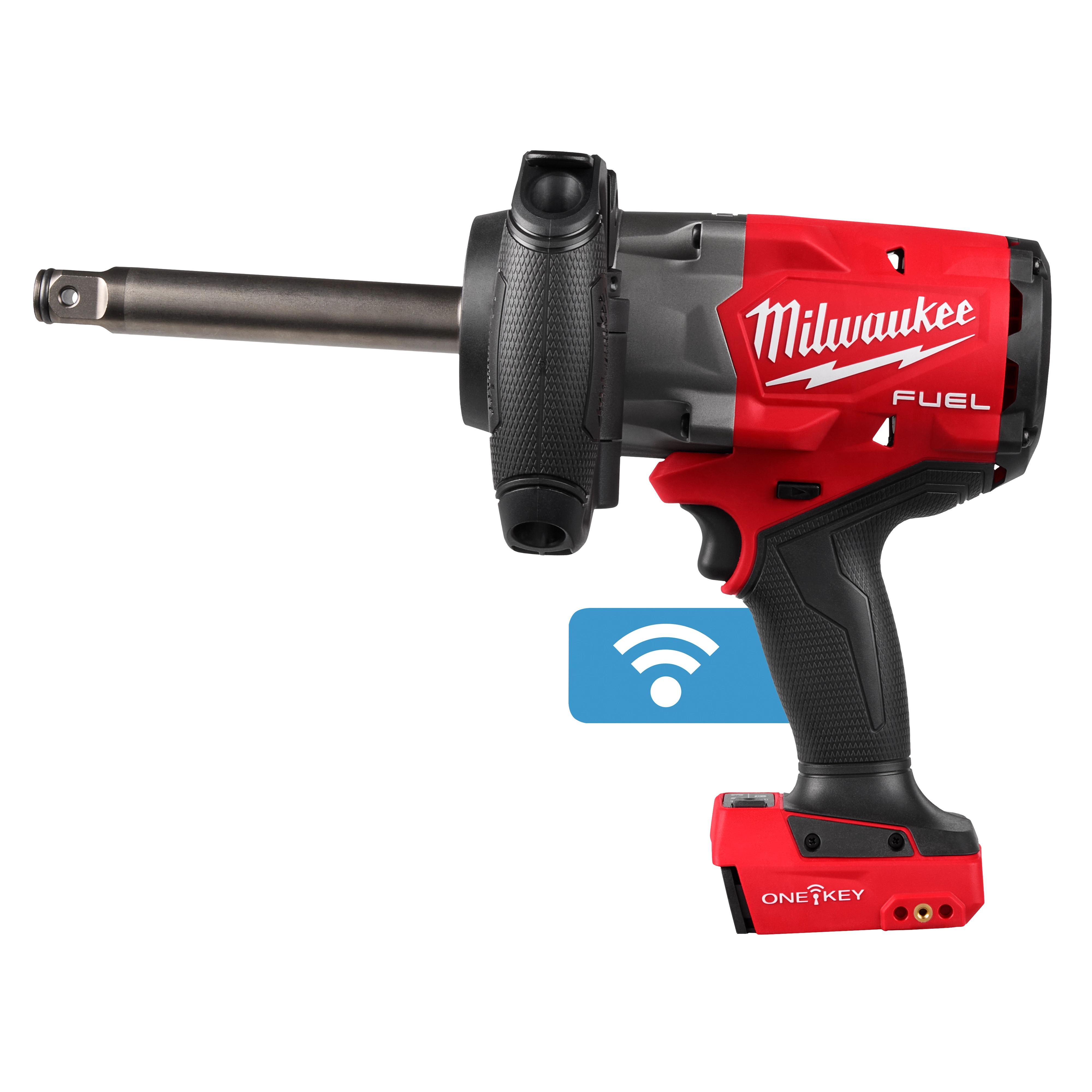 Red and black M18 FUEL 3/4" Extended Anvil High Torque Impact Wrench w/ ONE-KEY on a plain background.