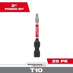 The image shows a Milwaukee SHOCKWAVE™ 2" Impact Duty TORX® T10 Power Bit. The bit is part of a 25 pack, indicated in red text. It features a silver tip, red middle section with the Milwaukee logo, and a black hexagonal base.