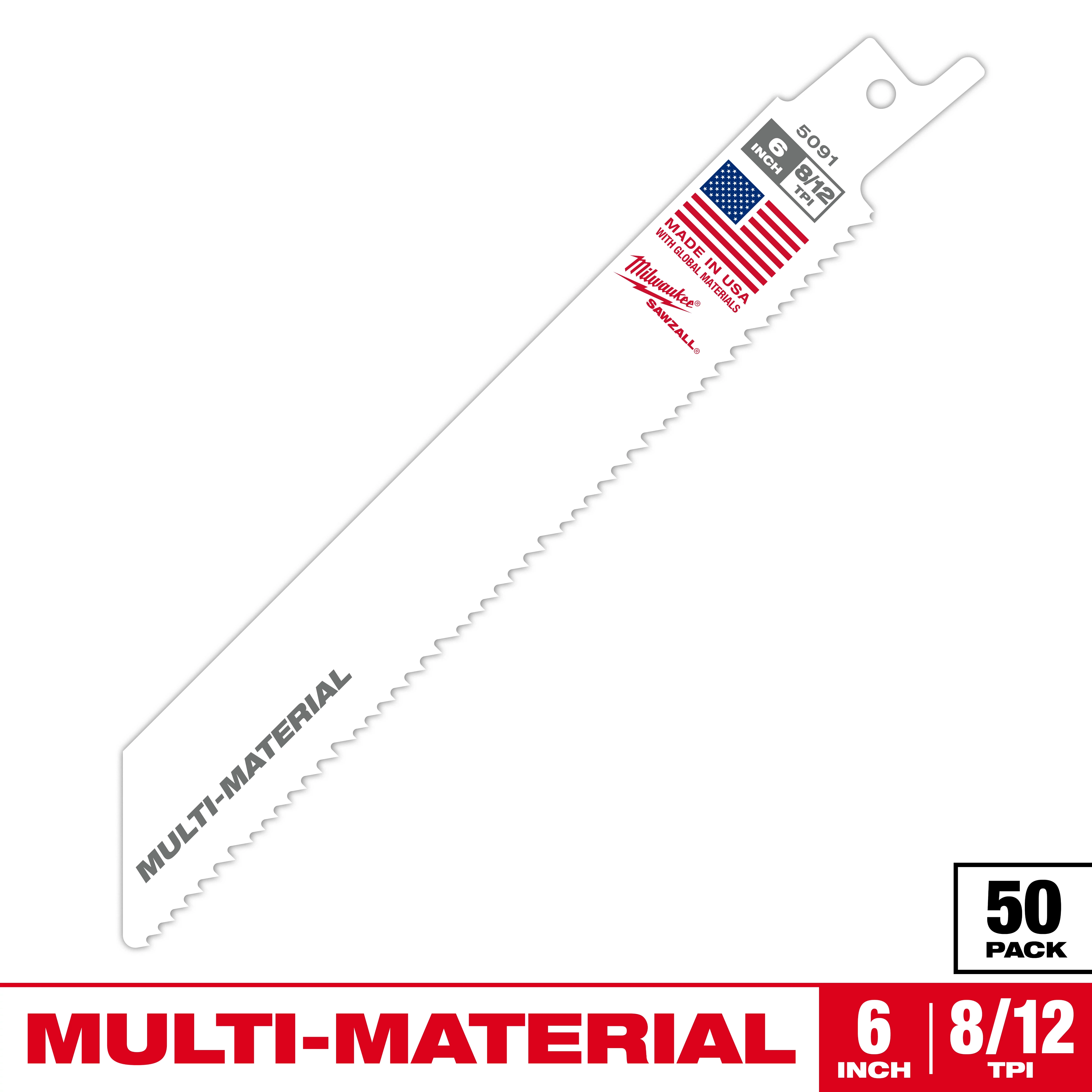 Milwaukee multi-material reciprocating saw blade, 6 inches long, 8/12 TPI, in a 50-pack. The blade is white with an American flag, model number 49-00-5461, and "Made in USA" text.