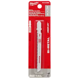 Milwaukee 4" 8TPI T-Shank Metal Cutting Bi-Metal Jig Saw Blades in a 5-pack, displayed in red and white packaging.