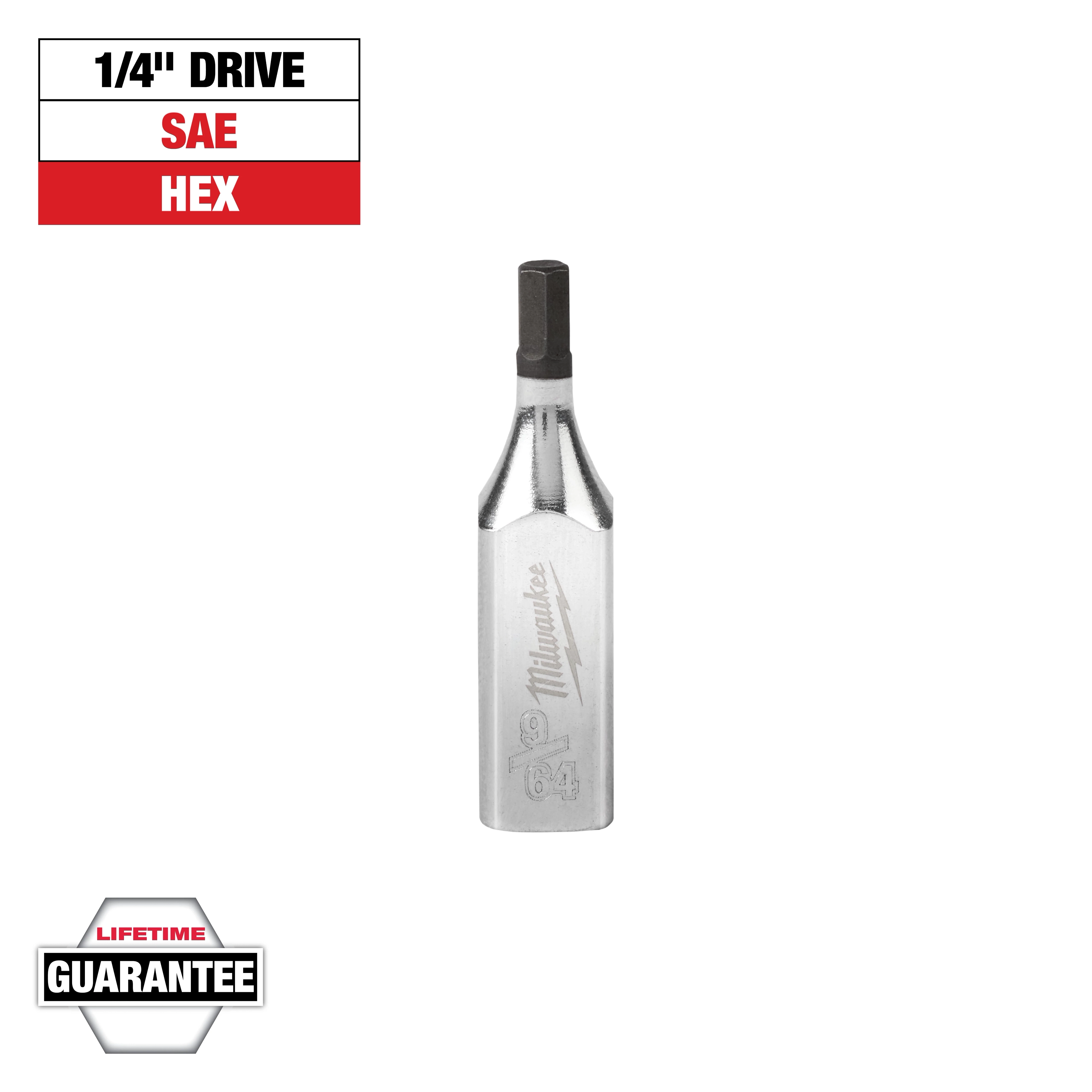 The image shows a Milwaukee 1/4" drive SAE hex bit. The bit has a silver metallic body with a black hex tip. At the top left, there is a label indicating "1/4" Drive," "SAE," and "HEX" in black and red text. "Lifetime Guarantee" is noted at the bottom left.