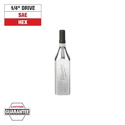 The image shows a Milwaukee 1/4" drive SAE hex bit. The bit has a silver metallic body with a black hex tip. At the top left, there is a label indicating "1/4" Drive," "SAE," and "HEX" in black and red text. "Lifetime Guarantee" is noted at the bottom left.