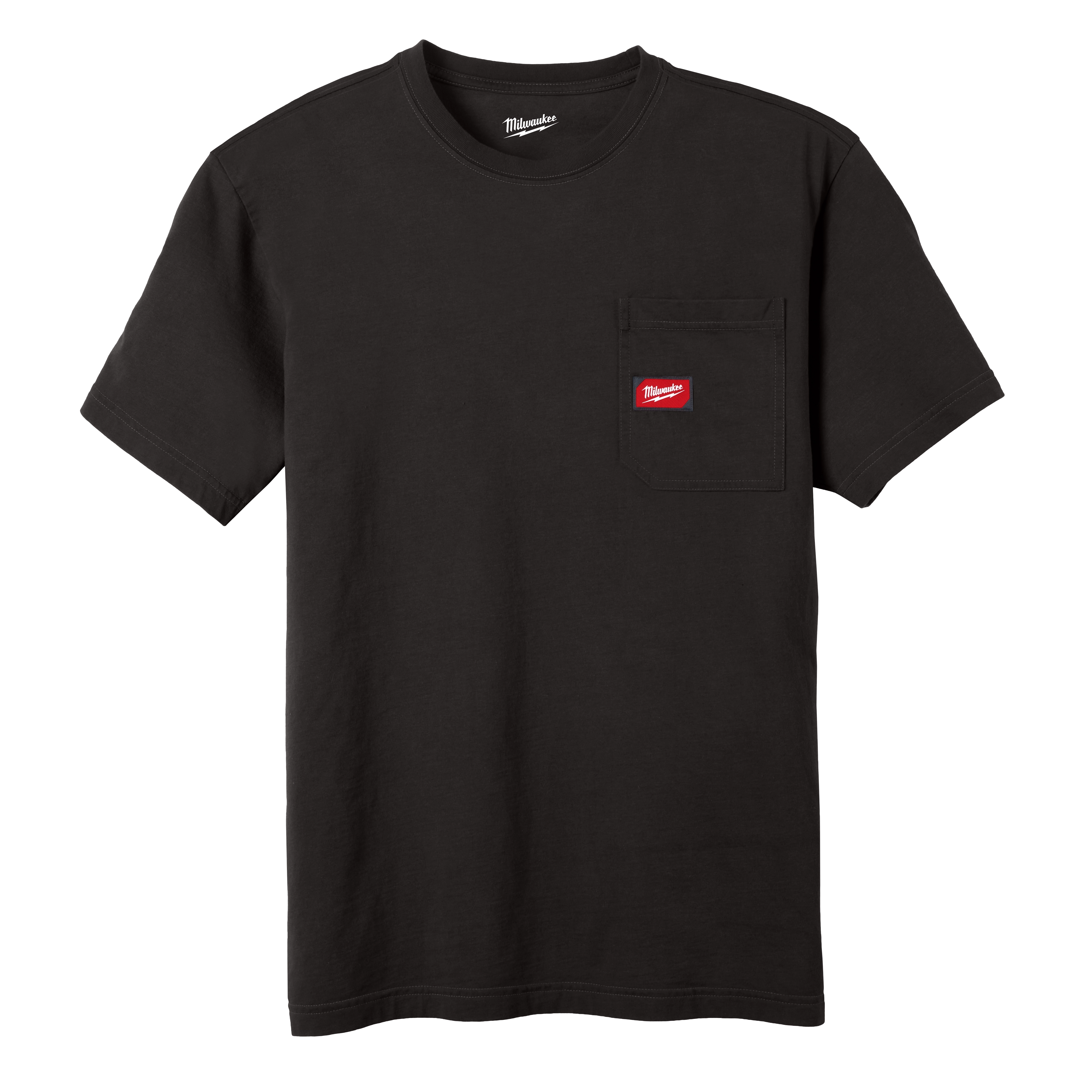 Heavy Duty Pocket T-Shirt - Black, featuring a chest pocket with a red logo patch and crew neck design.