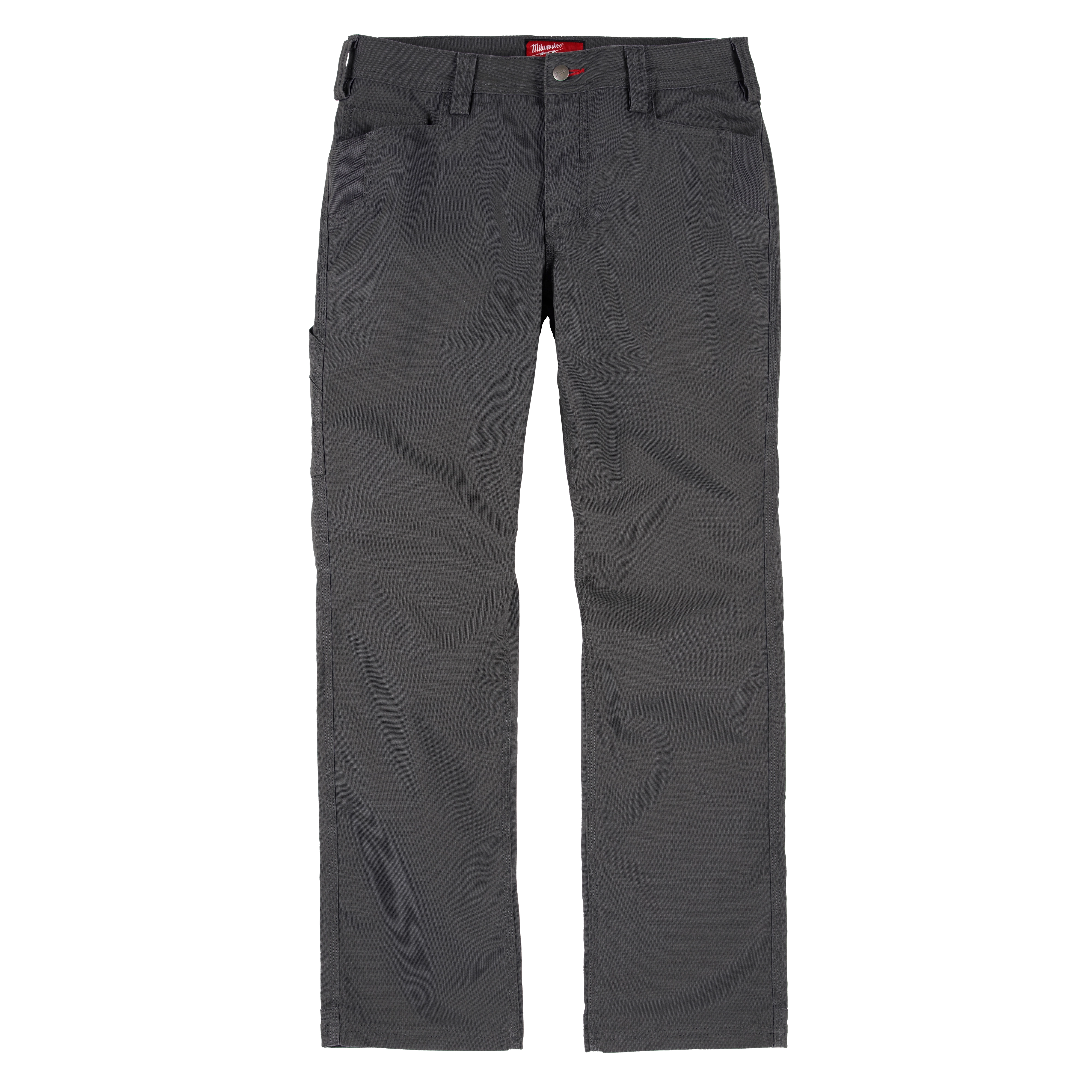 A pair of dark gray pants with a straight-leg cut. They feature belt loops, front pockets, and a zipper fly with a button closure. The waistband has a red fabric label on the inside.