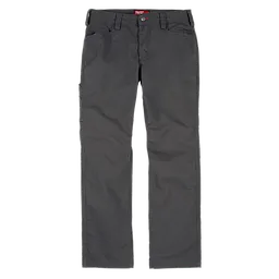 A pair of dark gray pants with a straight-leg cut. They feature belt loops, front pockets, and a zipper fly with a button closure. The waistband has a red fabric label on the inside.
