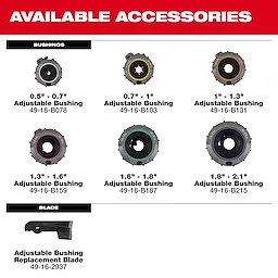 The image lists available accessories for the M18™ FUEL™ Covered Conductor Cable Stripper Kit w/ Adjustable Bushings, including adjustable bushings in various sizes from 0.5” to 2.1”, and an adjustable bushing replacement blade.