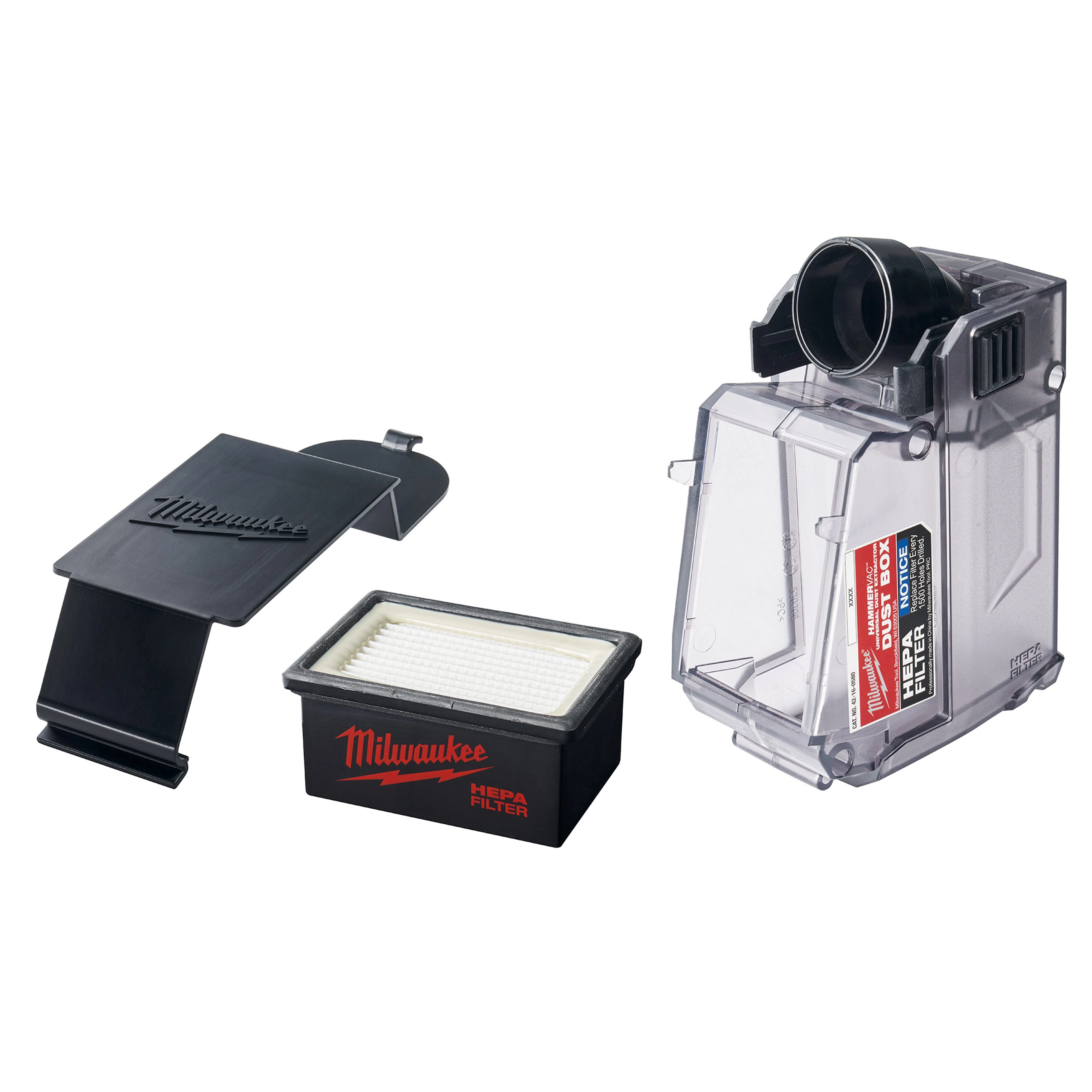 Milwaukee M12 HAMMERVAC Universal Dust Extractor containing a dust box, HEPA filter labeled "Milwaukee," and a detachable lid.