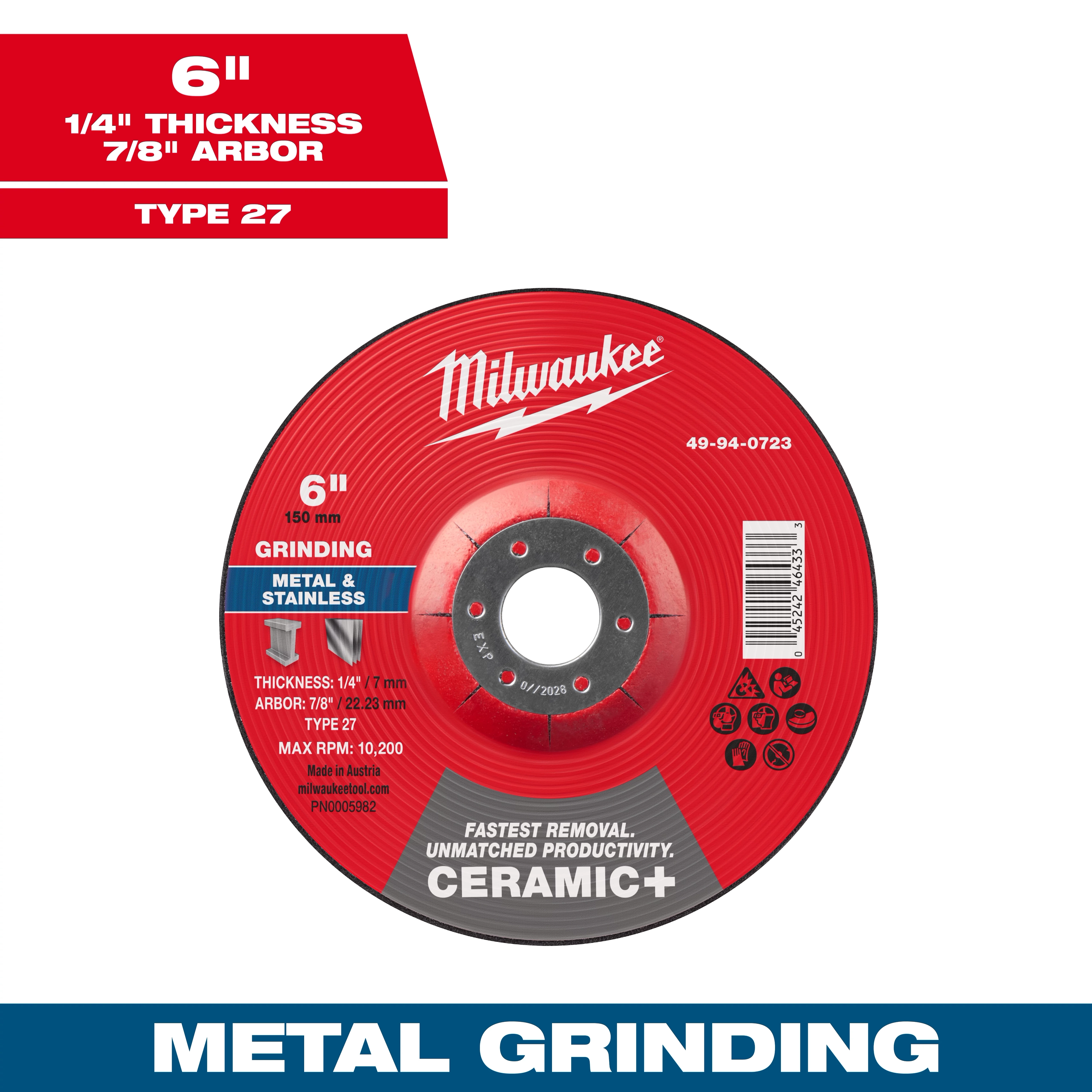 6" x 1/4" x 7/8" Ceramic+ Metal Grinding Wheel - Type 27 for grinding metal and stainless steel with a max RPM of 10,200.