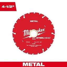 The 4-1/2” STEELHEAD™ Metal Cutting Diamond Blade is red with white text and has a circular shape. It is designed for cutting steel, stainless steel, cast iron, copper, and Schedule 40 pipe. The blade has a 7/8” and 5/8” arbor size and is labeled for dry use.