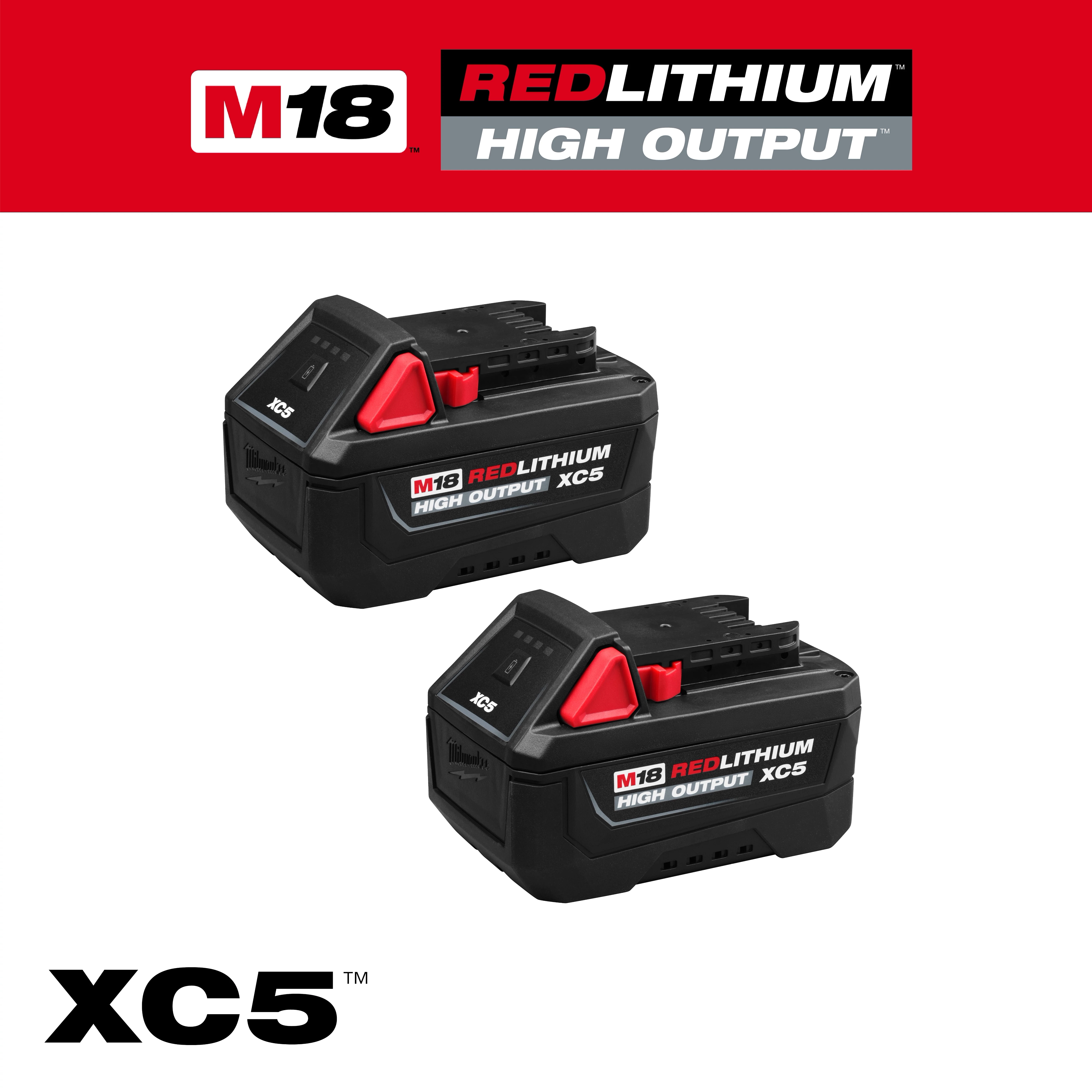 M18 REDLITHIUM HIGH OUTPUT XC5 Battery Two Pack with two identical power tool batteries displayed.