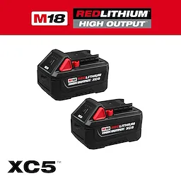 M18 REDLITHIUM HIGH OUTPUT XC5 Battery Two Pack with two identical power tool batteries displayed.