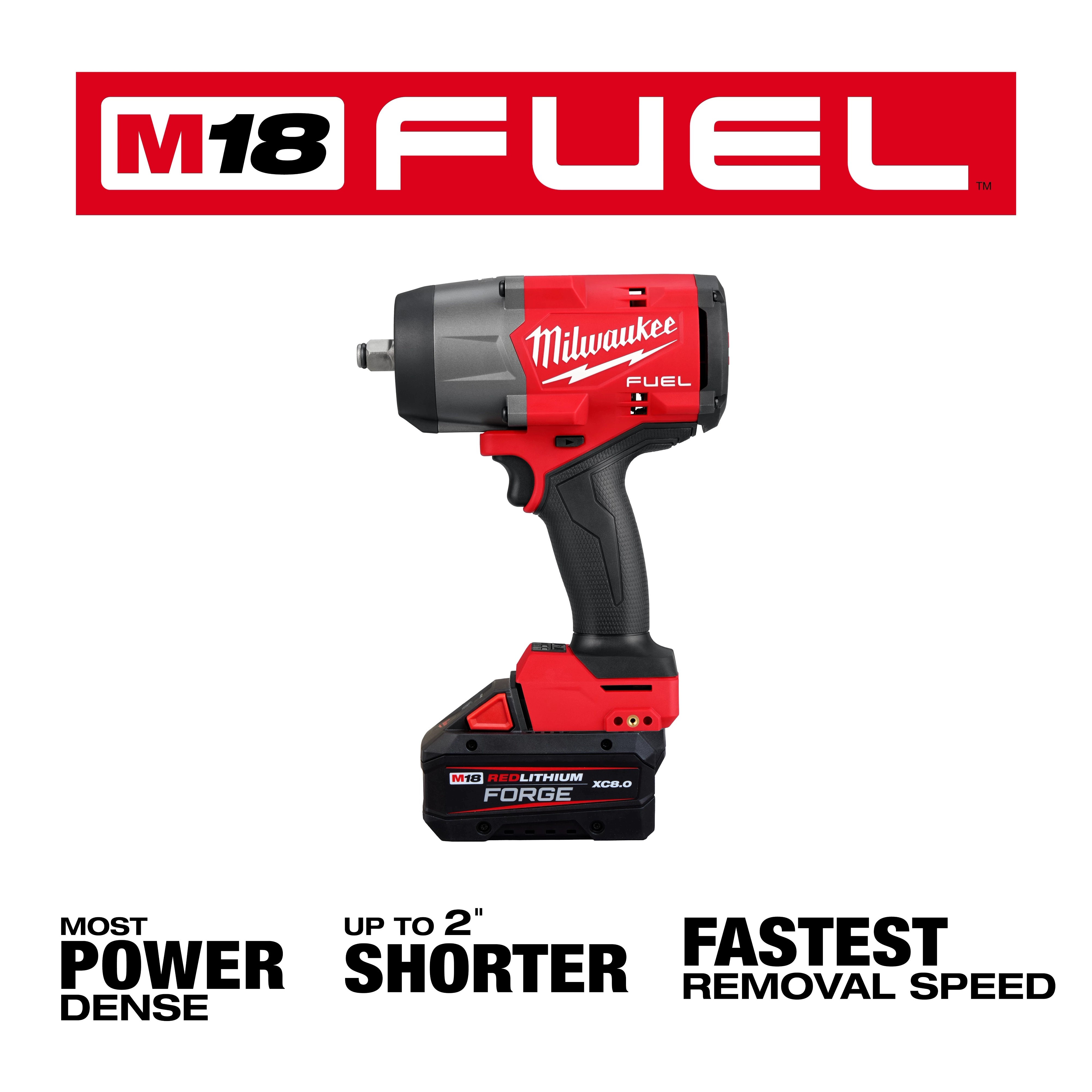 The image displays the M18 FUEL™ 1/2" High Torque Impact Wrench with Friction Ring by Milwaukee. It features a bold red and black design with branding. Text describes it as having the most power density, being up to 2 inches shorter, and offering the fastest removal speed.