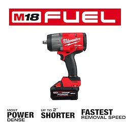 The image displays the M18 FUEL™ 1/2" High Torque Impact Wrench with Friction Ring by Milwaukee. It features a bold red and black design with branding. Text describes it as having the most power density, being up to 2 inches shorter, and offering the fastest removal speed.