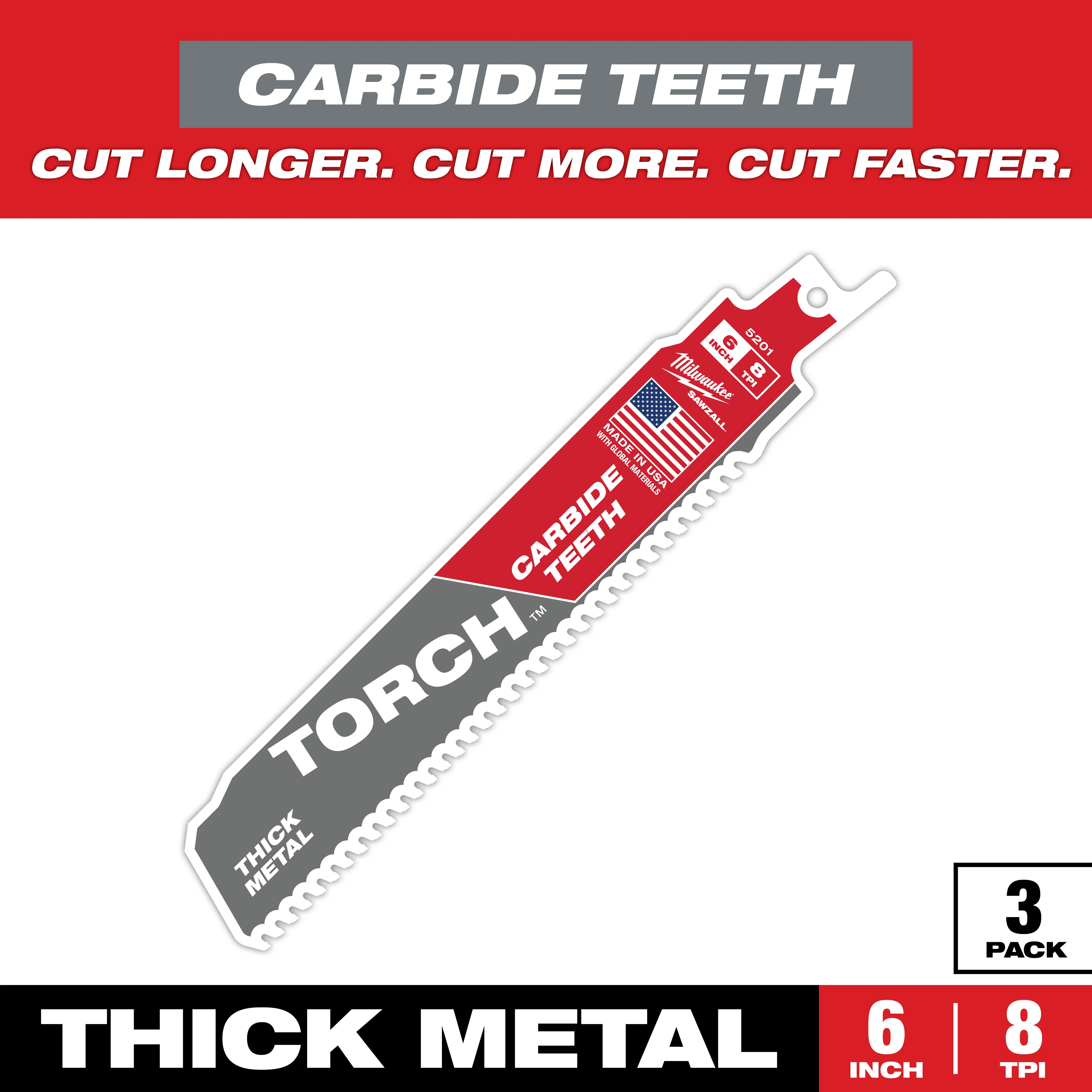 Sawzall Bi-Metal Carbide Primary Images features a carbide teeth blade designed to cut thick metal efficiently. The package contains three 6-inch blades with 8 TPI (teeth per inch). The bold red label emphasizes durability, faster and longer cutting performance, and includes a Made in USA stamp.