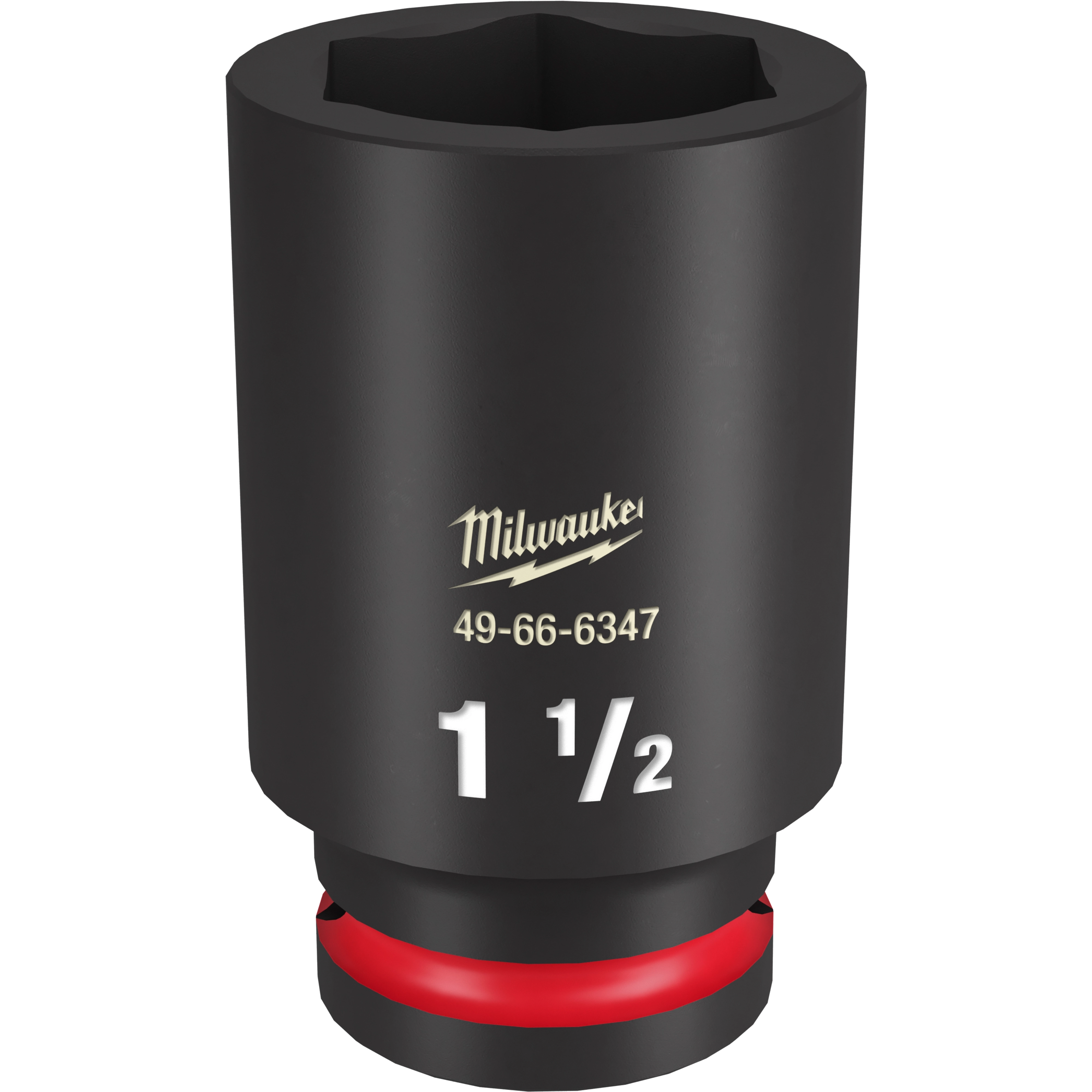 Milwaukee 3/4 DR 1-1/2 DEEP IMPACT SOCKET is a sturdy black socket with "49-66-6347" and size "1-1/2" marked in white. It is designed for high-torque impact wrenches and features a red ring near the base for easy identification.