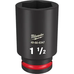 Milwaukee 3/4 DR 1-1/2 DEEP IMPACT SOCKET is a sturdy black socket with "49-66-6347" and size "1-1/2" marked in white. It is designed for high-torque impact wrenches and features a red ring near the base for easy identification.